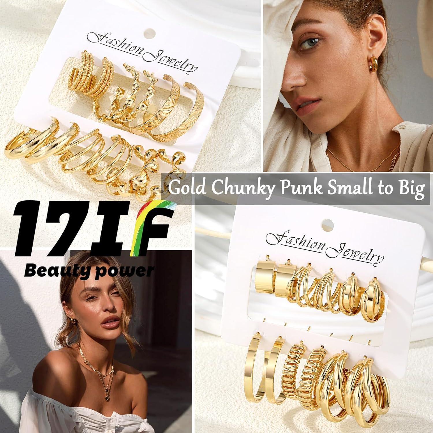 image17IF 12 Pairs Golden Hoop Earring Set for Women Chunky Smooth Surface Trendy Small to Big Stud Earring Lightweight Twisted Pearl Ear PackD