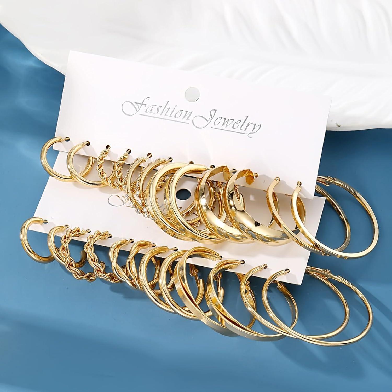 image17IF 12 Pairs Golden Hoop Earring Set for Women Chunky Smooth Surface Trendy Small to Big Stud Earring Lightweight Twisted Pearl Ear PackE