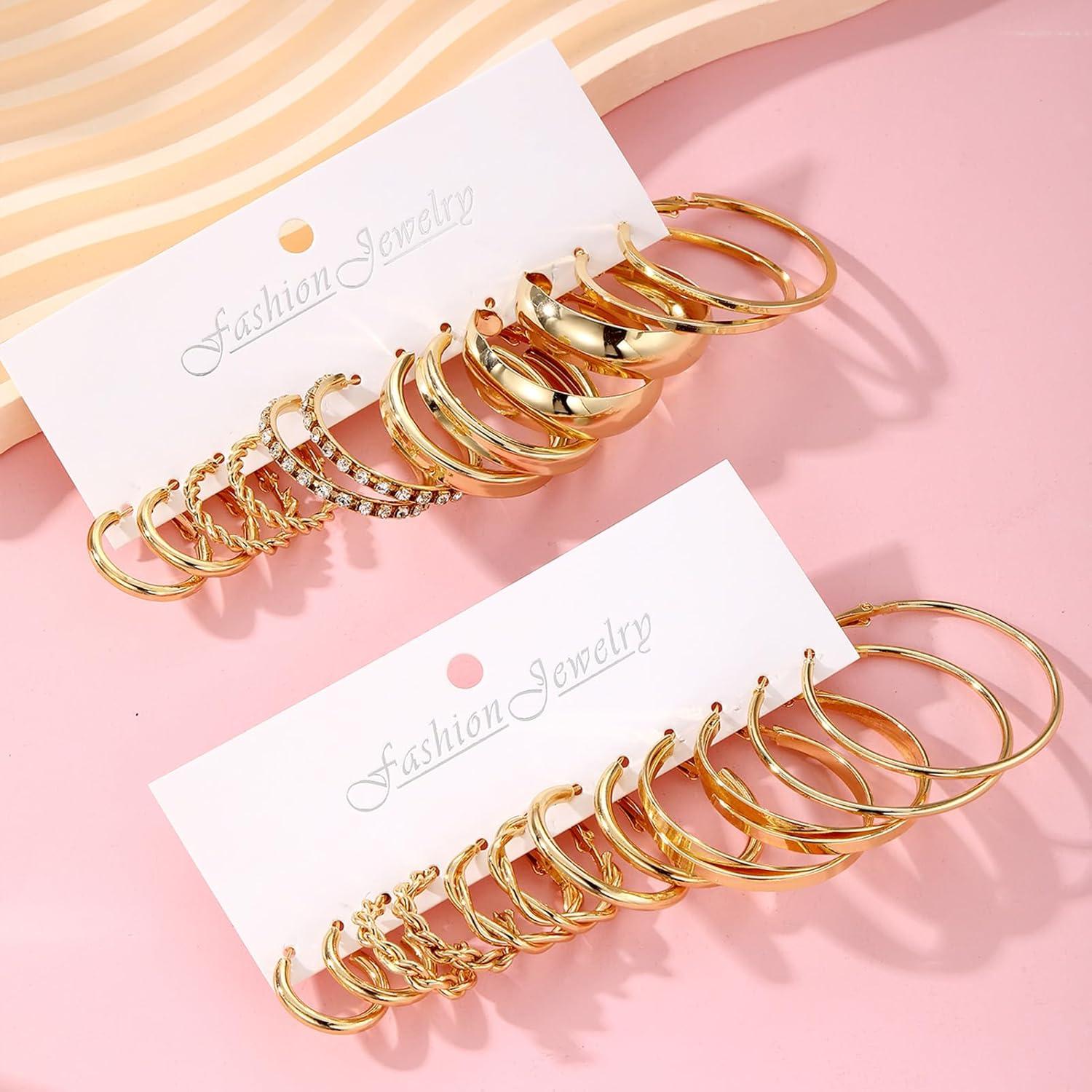 image17IF 12 Pairs Golden Hoop Earring Set for Women Chunky Smooth Surface Trendy Small to Big Stud Earring Lightweight Twisted Pearl Ear PackE