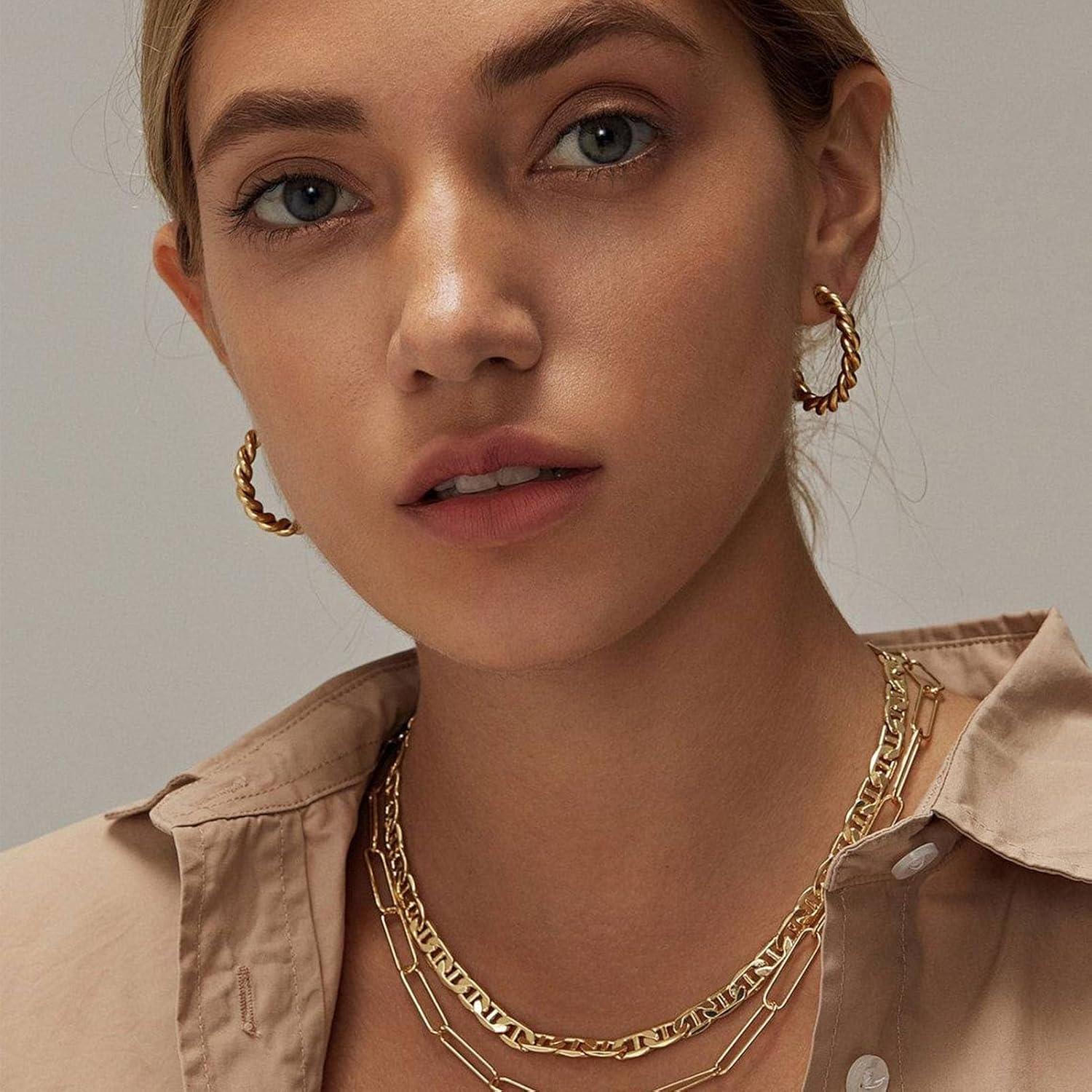 image17IF 12 Pairs Golden Hoop Earring Set for Women Chunky Smooth Surface Trendy Small to Big Stud Earring Lightweight Twisted Pearl Ear PackE