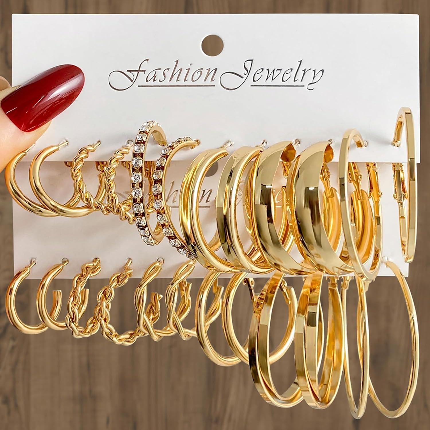 image17IF 12 Pairs Golden Hoop Earring Set for Women Chunky Smooth Surface Trendy Small to Big Stud Earring Lightweight Twisted Pearl Ear PackE
