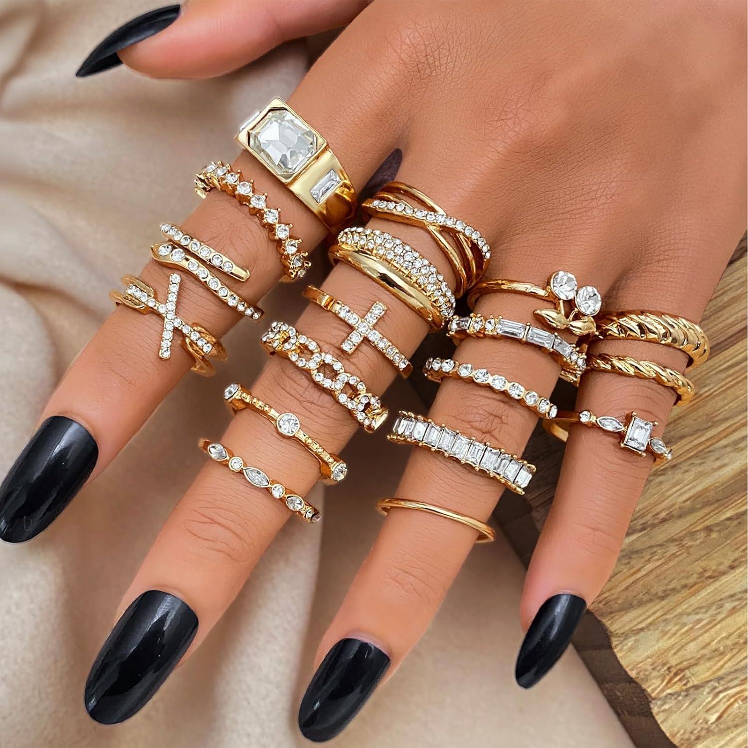 image17IF 18 PCS Dainty 14K Gold Ring Set for Women Sparkle Chunky Quartet Diamoned Clean Aesthetic Cross Snake Cherry Classy Designs Plus Size for Stacking on Thumb KnuckleClassic