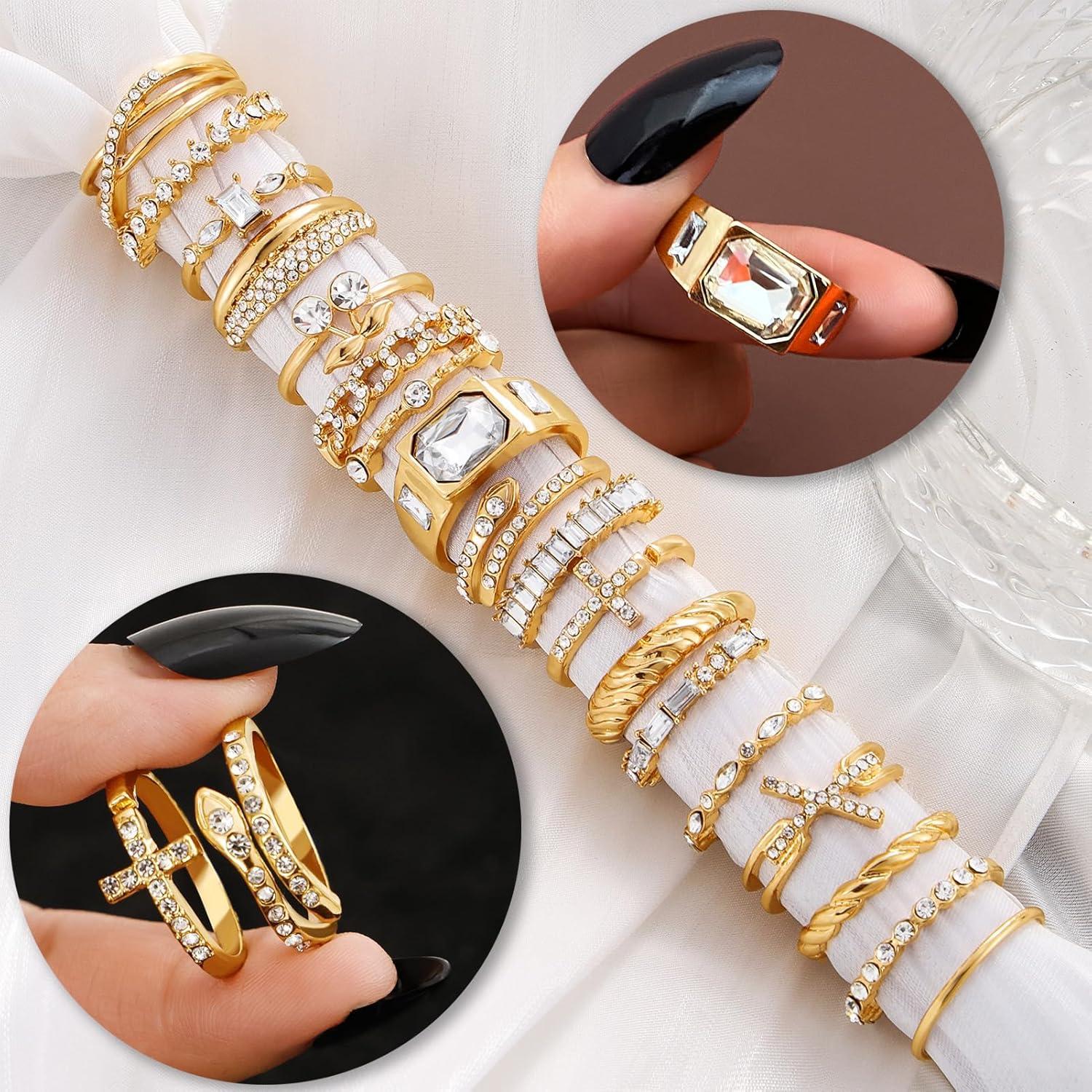 image17IF 18 PCS Dainty 14K Gold Ring Set for Women Sparkle Chunky Quartet Diamoned Clean Aesthetic Cross Snake Cherry Classy Designs Plus Size for Stacking on Thumb KnuckleClassic