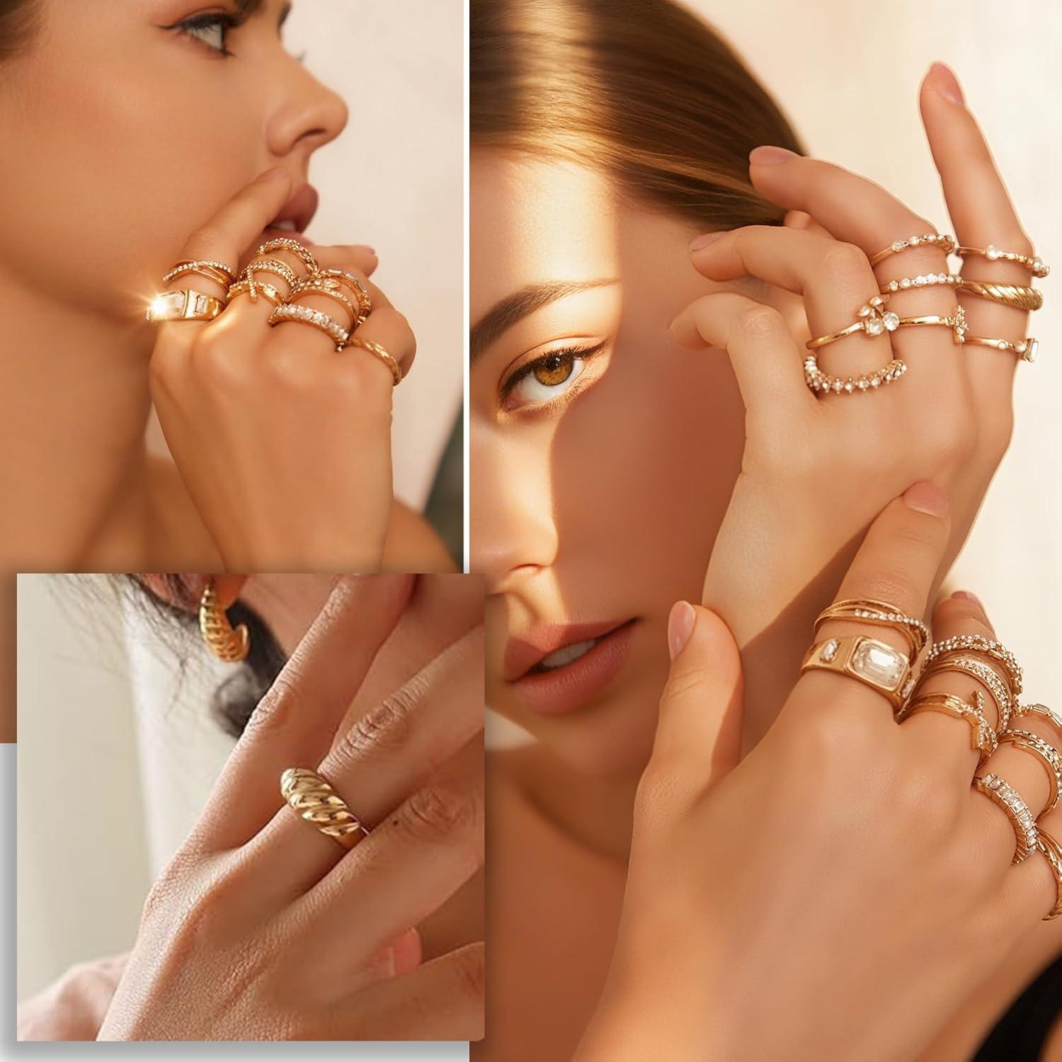 image17IF 18 PCS Dainty 14K Gold Ring Set for Women Sparkle Chunky Quartet Diamoned Clean Aesthetic Cross Snake Cherry Classy Designs Plus Size for Stacking on Thumb KnuckleClassic