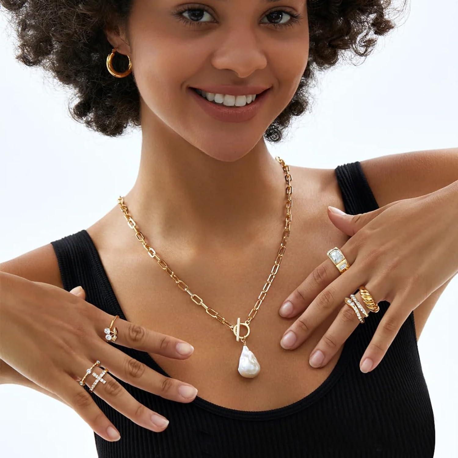 image17IF 18 PCS Dainty 14K Gold Ring Set for Women Sparkle Chunky Quartet Diamoned Clean Aesthetic Cross Snake Cherry Classy Designs Plus Size for Stacking on Thumb KnuckleClassic