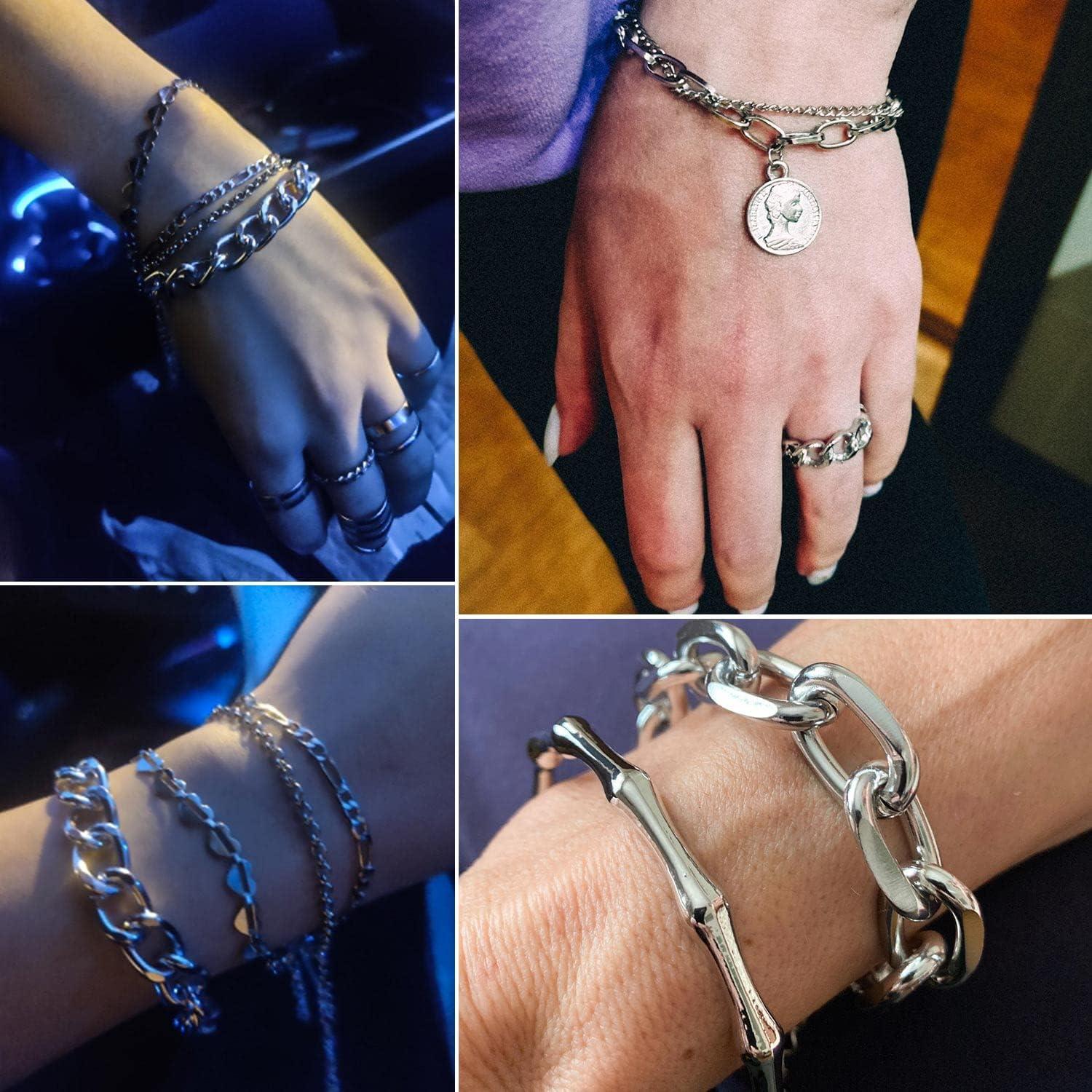 image17IF 1825 PCS6 Pack Boho Gold Bracelets Set for Women Stackable Chunky Dainty Bangles Adjustable Chain Flat Cuff Cuban Punk Charm Bundle JewelrySilver