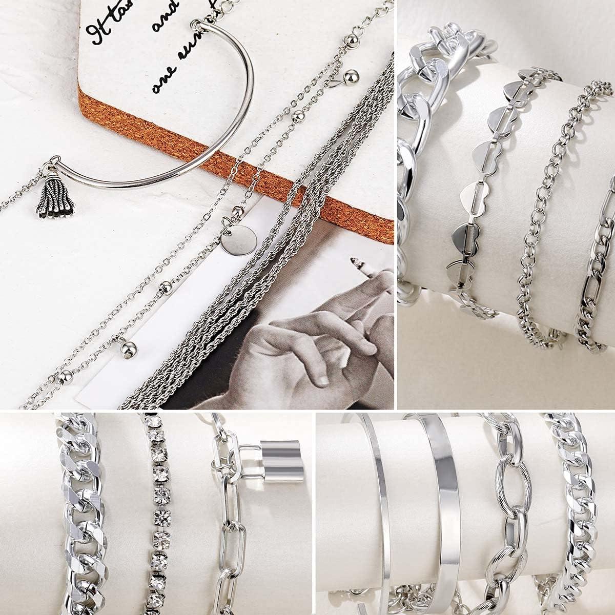 image17IF 1825 PCS6 Pack Boho Gold Bracelets Set for Women Stackable Chunky Dainty Bangles Adjustable Chain Flat Cuff Cuban Punk Charm Bundle JewelrySilver