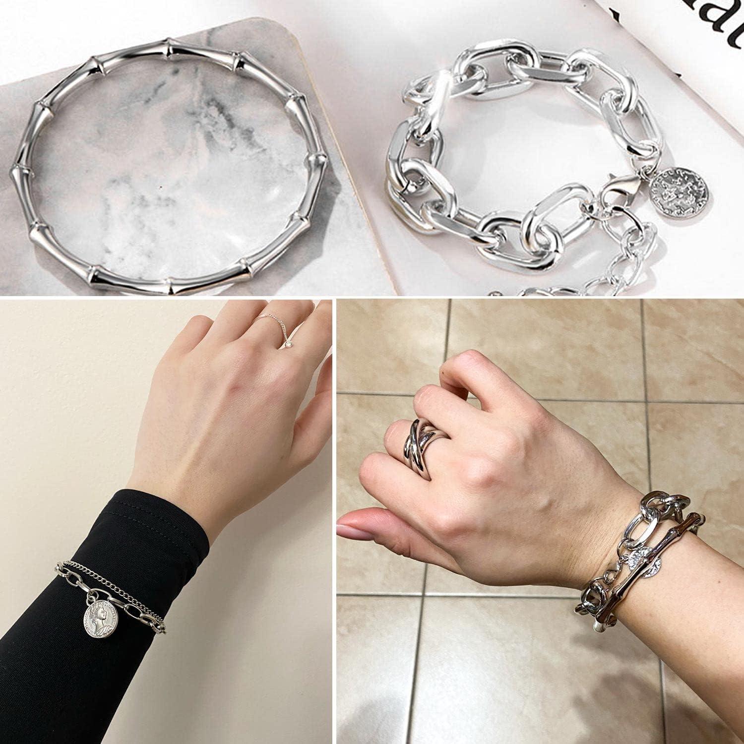 image17IF 1825 PCS6 Pack Boho Gold Bracelets Set for Women Stackable Chunky Dainty Bangles Adjustable Chain Flat Cuff Cuban Punk Charm Bundle JewelrySilver