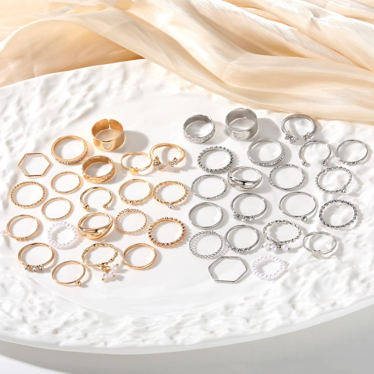 image17IF 21 Pcs Gold Vintage Knuckle Rings Set Boho Crystal Finger Ring Aesthetic Pearl Sparkle Butterfly Chunky Ring Silver Heart Star Stackable Midi Ring Pack