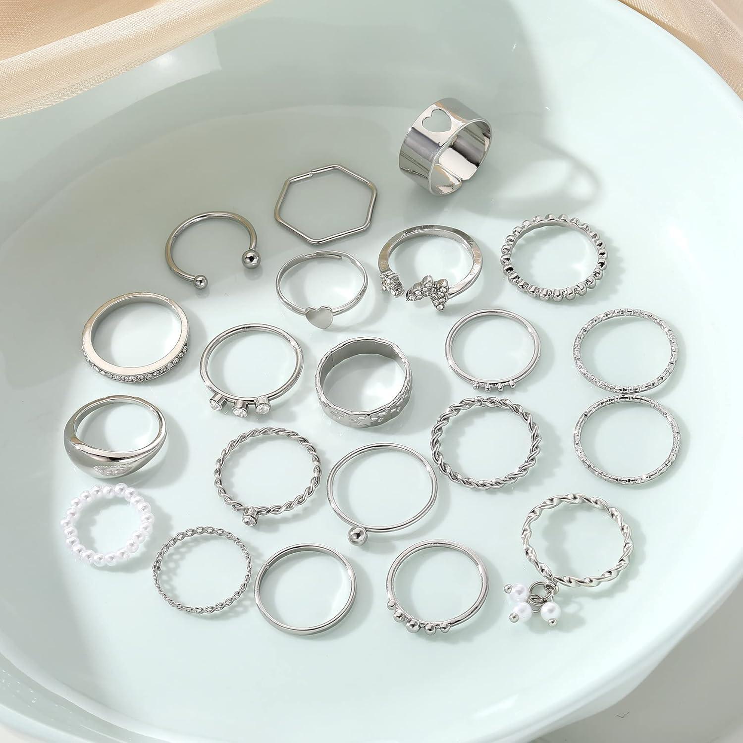 image17IF 21 Pcs Gold Vintage Knuckle Rings Set Boho Crystal Finger Ring Aesthetic Pearl Sparkle Butterfly Chunky Ring Silver Heart Star Stackable Midi Ring Pack