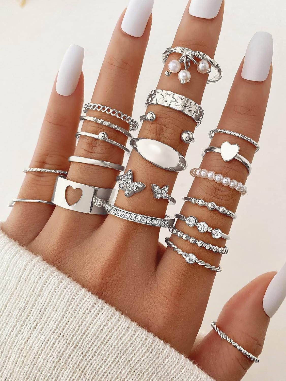 image17IF 21 Pcs Gold Vintage Knuckle Rings Set Boho Crystal Finger Ring Aesthetic Pearl Sparkle Butterfly Chunky Ring Silver Heart Star Stackable Midi Ring Pack