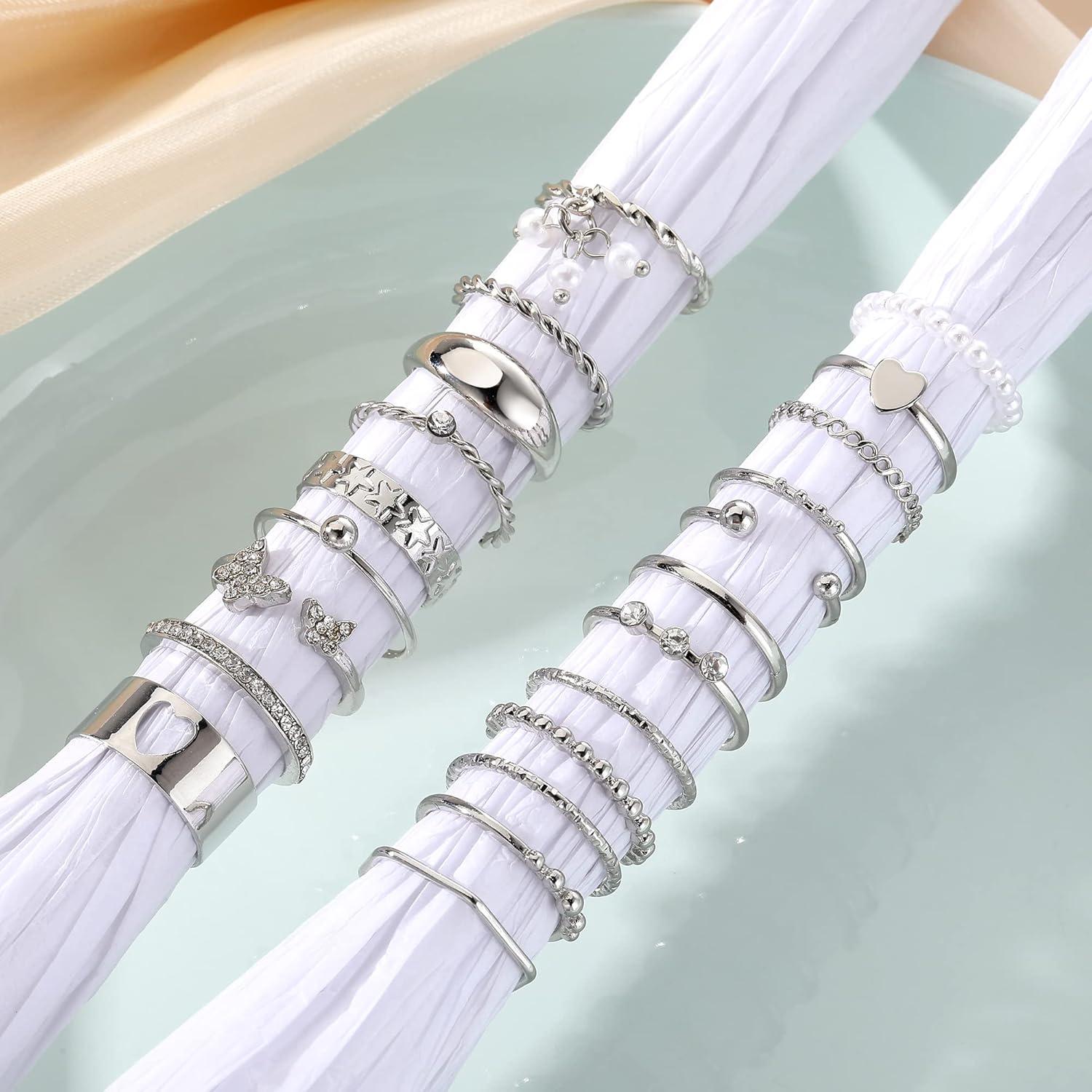 image17IF 21 Pcs Gold Vintage Knuckle Rings Set Boho Crystal Finger Ring Aesthetic Pearl Sparkle Butterfly Chunky Ring Silver Heart Star Stackable Midi Ring Pack
