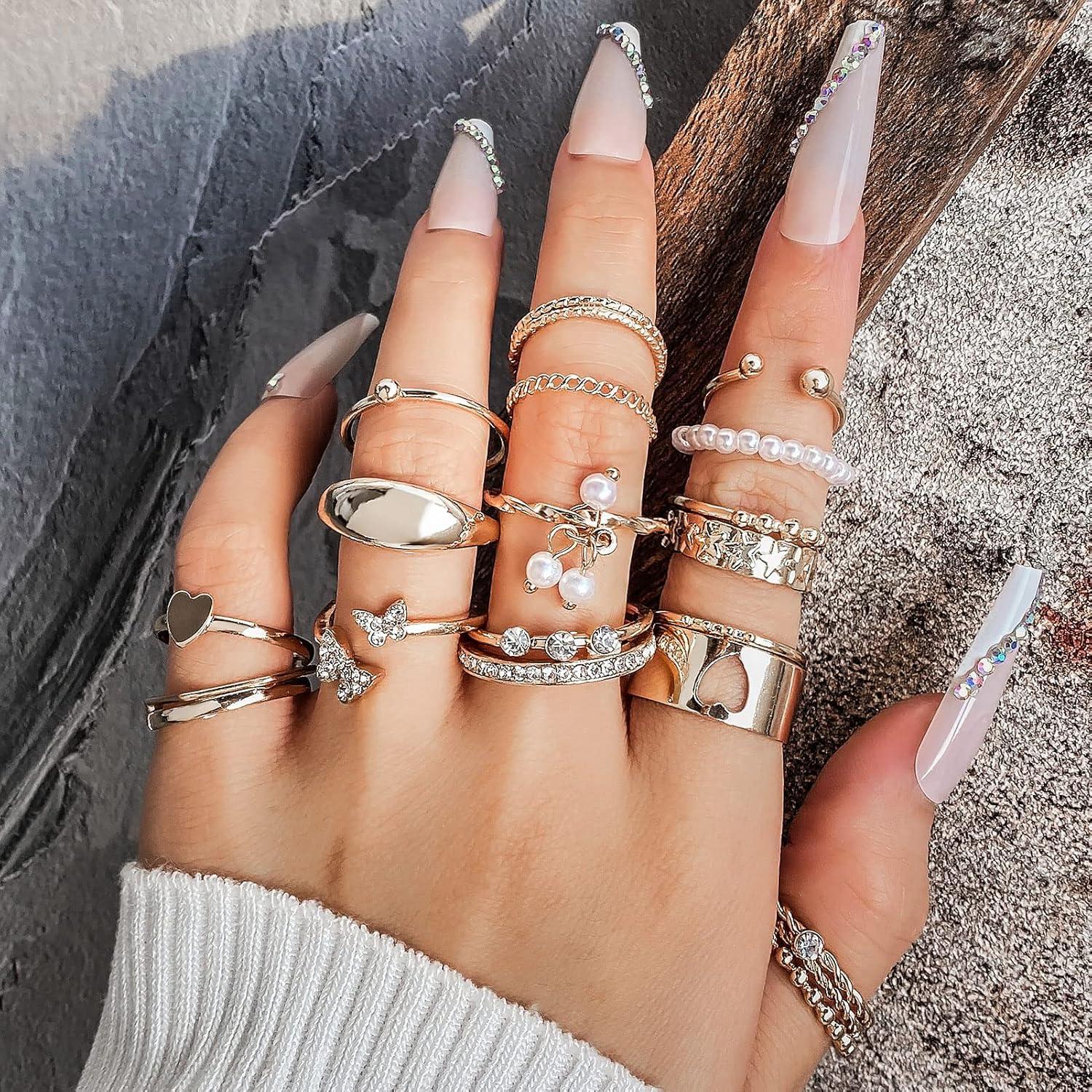 image17IF 21 Pcs Gold Vintage Knuckle Rings Set Boho Crystal Finger Ring Aesthetic Pearl Sparkle Butterfly Chunky Ring Silver Heart Star Stackable Midi Ring Pack