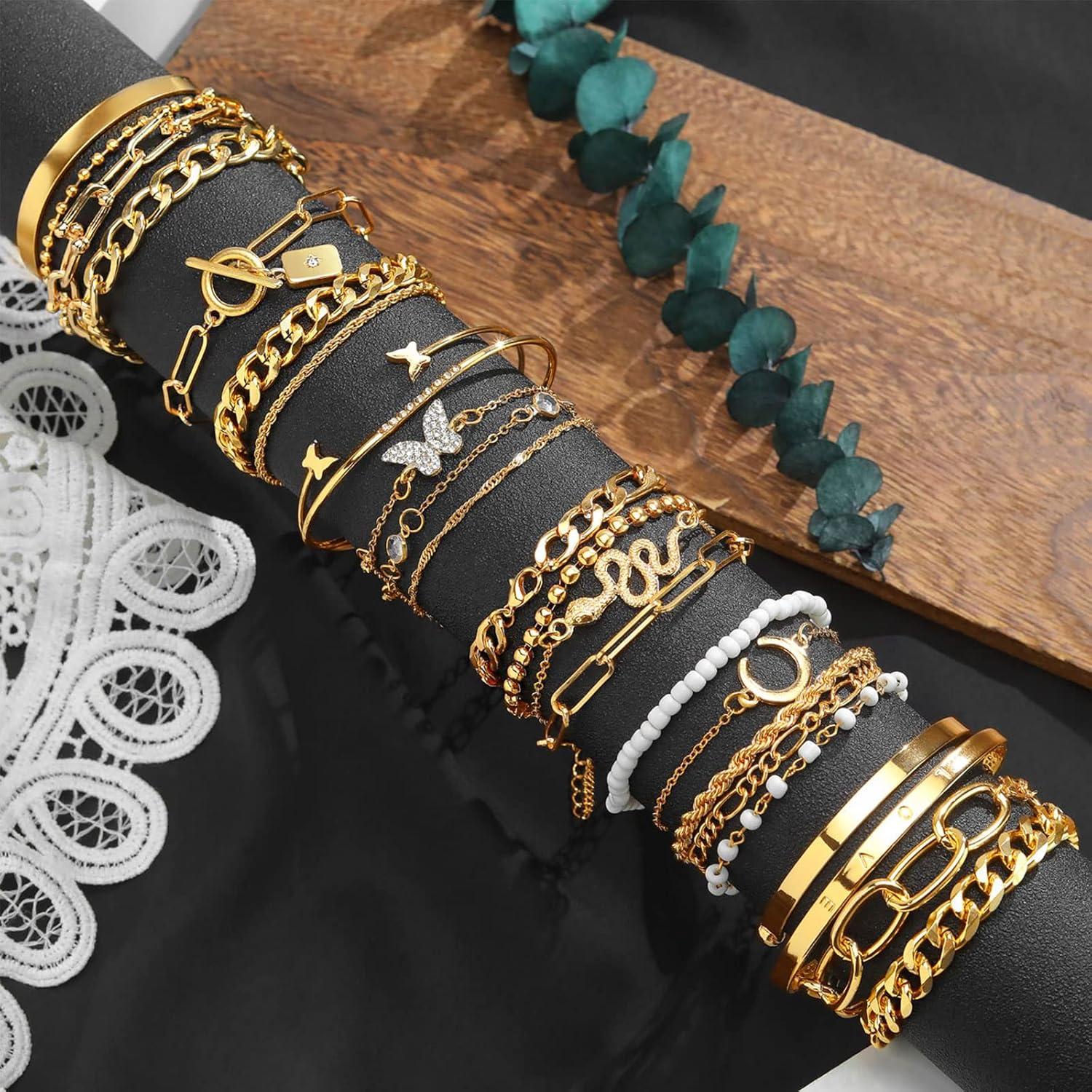 image17IF 2425 Pcs 6 Pack 14K Gold Ankle Bracelets Set for Women Boho Stackable Bangles Cuff Charm Chunky Wrist JewelryGoldA