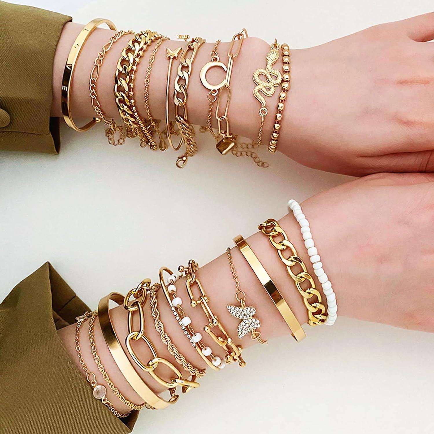 image17IF 2425 Pcs 6 Pack 14K Gold Ankle Bracelets Set for Women Boho Stackable Bangles Cuff Charm Chunky Wrist JewelryGoldA