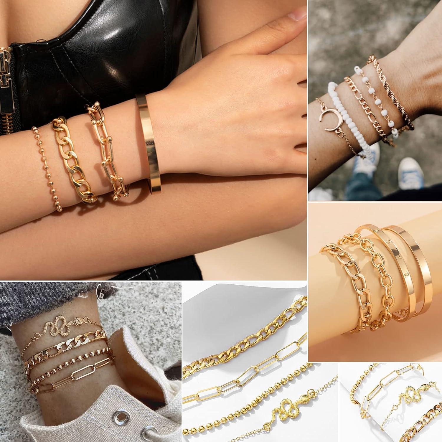 image17IF 2425 Pcs 6 Pack 14K Gold Ankle Bracelets Set for Women Boho Stackable Bangles Cuff Charm Chunky Wrist JewelryGoldA