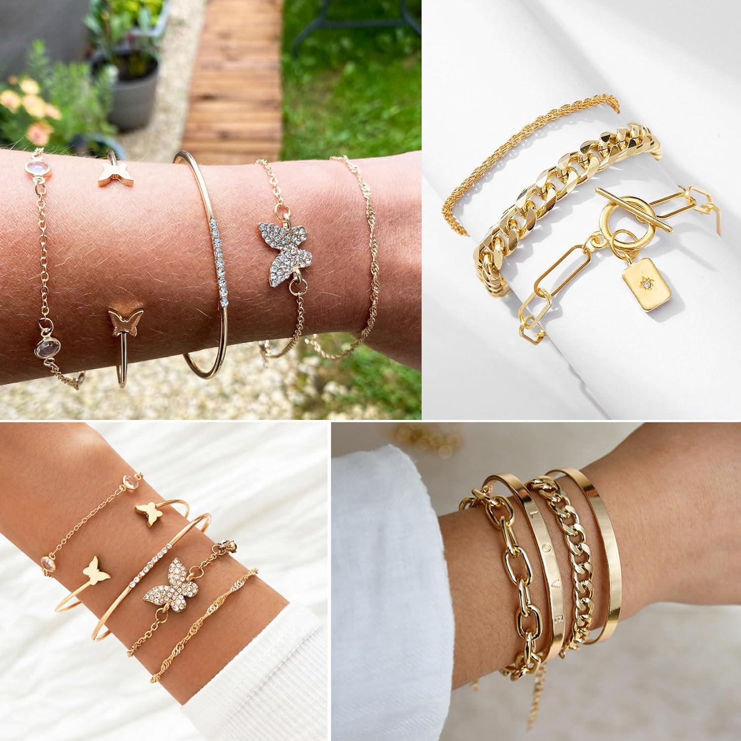 image17IF 2425 Pcs 6 Pack 14K Gold Ankle Bracelets Set for Women Boho Stackable Bangles Cuff Charm Chunky Wrist JewelryGoldA
