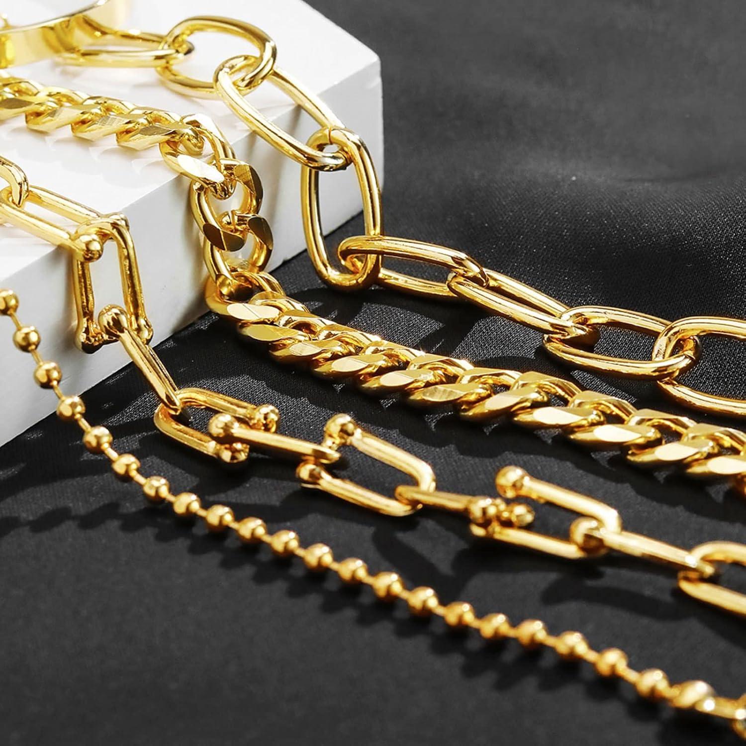 image17IF 2425 Pcs 6 Pack 14K Gold Ankle Bracelets Set for Women Boho Stackable Bangles Cuff Charm Chunky Wrist JewelryGoldA