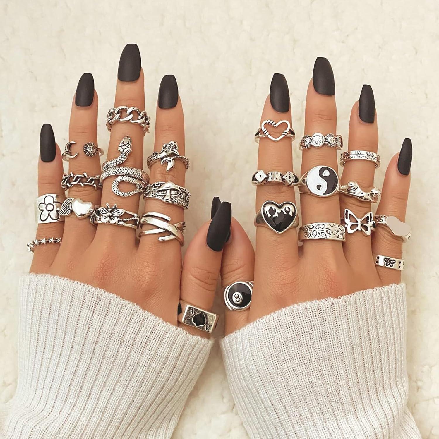 image17IF 2635 Pcs Vintage Silver Knuckle Rings Set for Women Men Grunge Gothic Rings Chunky Aesthetic Snake Stackable Adjustable Punk Bulky Finger Alt Fairy Skull Frog Heart Star Flower Midi Ring PackBohemian Vintage Antique