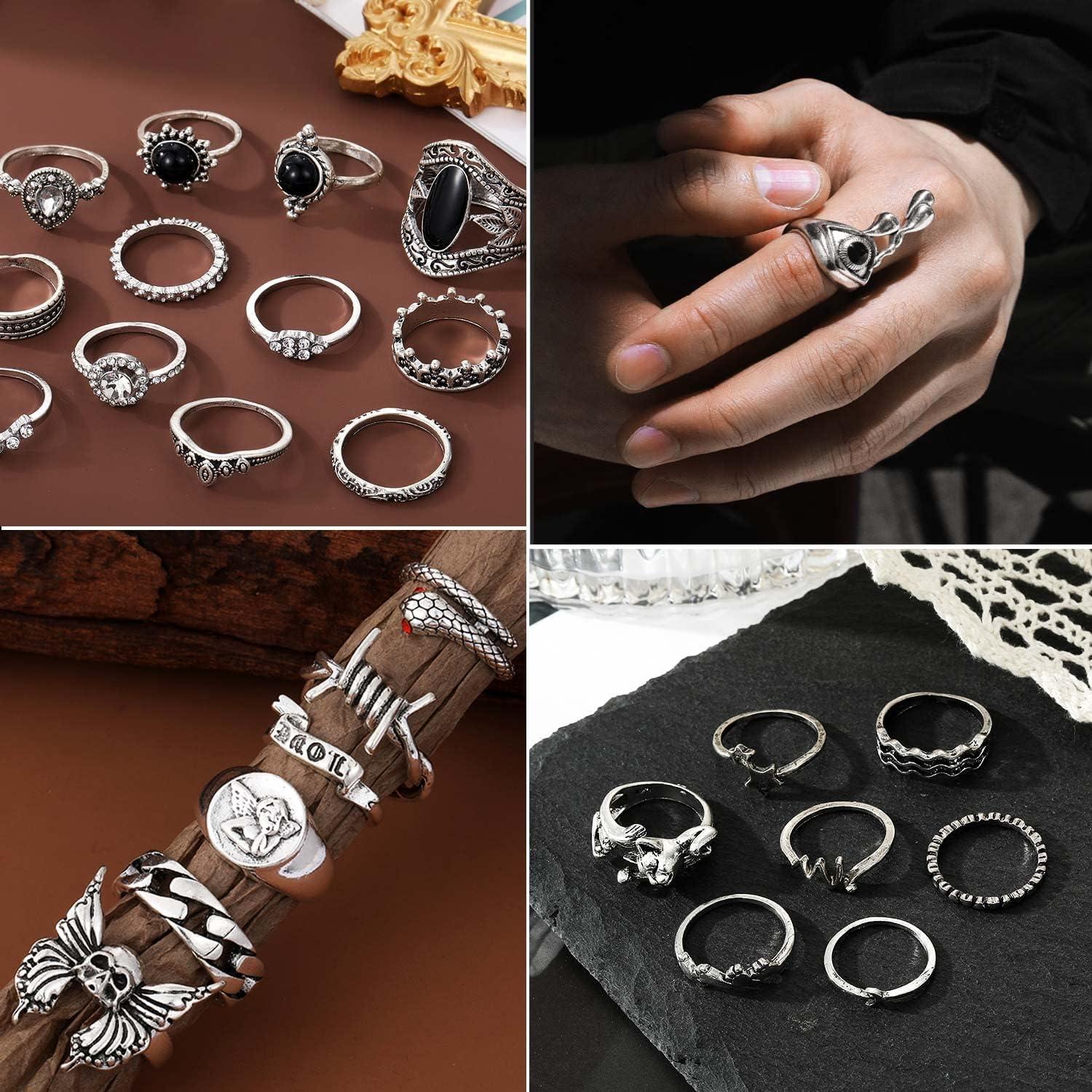image17IF 2635 Pcs Vintage Silver Knuckle Rings Set for Women Men Grunge Gothic Rings Chunky Aesthetic Snake Stackable Adjustable Punk Bulky Finger Alt Fairy Skull Frog Heart Star Flower Midi Ring Pack26 Crying