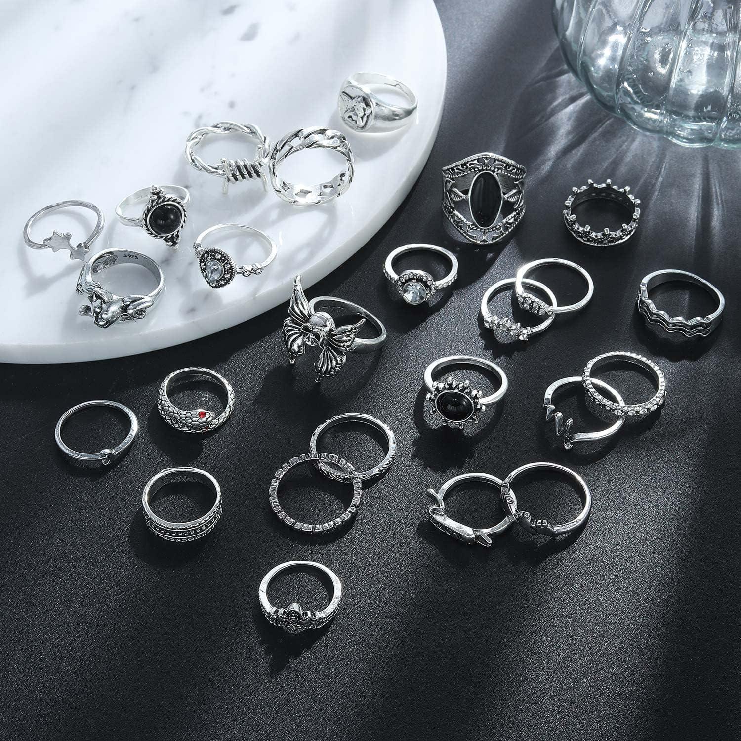 image17IF 2635 Pcs Vintage Silver Knuckle Rings Set for Women Men Grunge Gothic Rings Chunky Aesthetic Snake Stackable Adjustable Punk Bulky Finger Alt Fairy Skull Frog Heart Star Flower Midi Ring Pack26 Crying