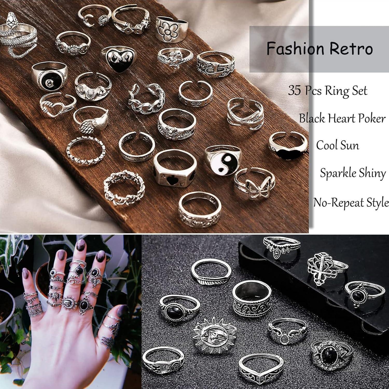 image17IF 2635 Pcs Vintage Silver Knuckle Rings Set for Women Men Grunge Gothic Rings Chunky Aesthetic Snake Stackable Adjustable Punk Bulky Finger Alt Fairy Skull Frog Heart Star Flower Midi Ring PackBohemian Vintage Antique