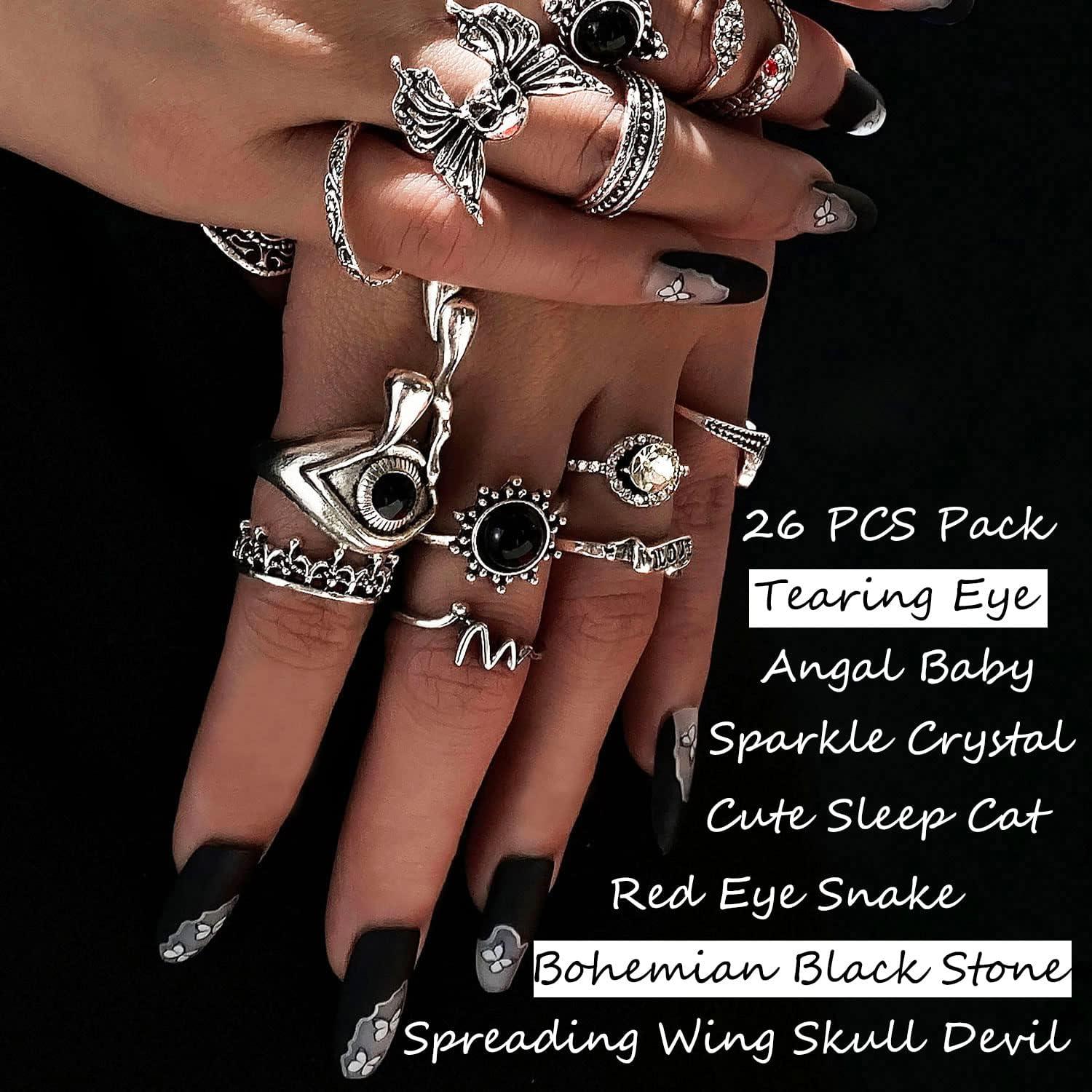 image17IF 2635 Pcs Vintage Silver Knuckle Rings Set for Women Men Grunge Gothic Rings Chunky Aesthetic Snake Stackable Adjustable Punk Bulky Finger Alt Fairy Skull Frog Heart Star Flower Midi Ring Pack26 Crying