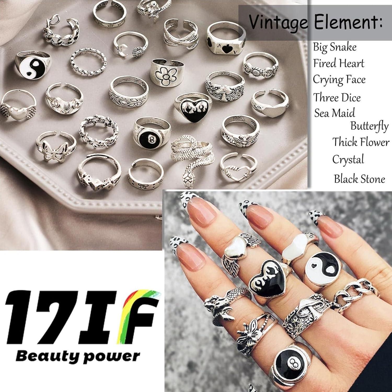 image17IF 2635 Pcs Vintage Silver Knuckle Rings Set for Women Men Grunge Gothic Rings Chunky Aesthetic Snake Stackable Adjustable Punk Bulky Finger Alt Fairy Skull Frog Heart Star Flower Midi Ring PackBohemian Vintage Antique