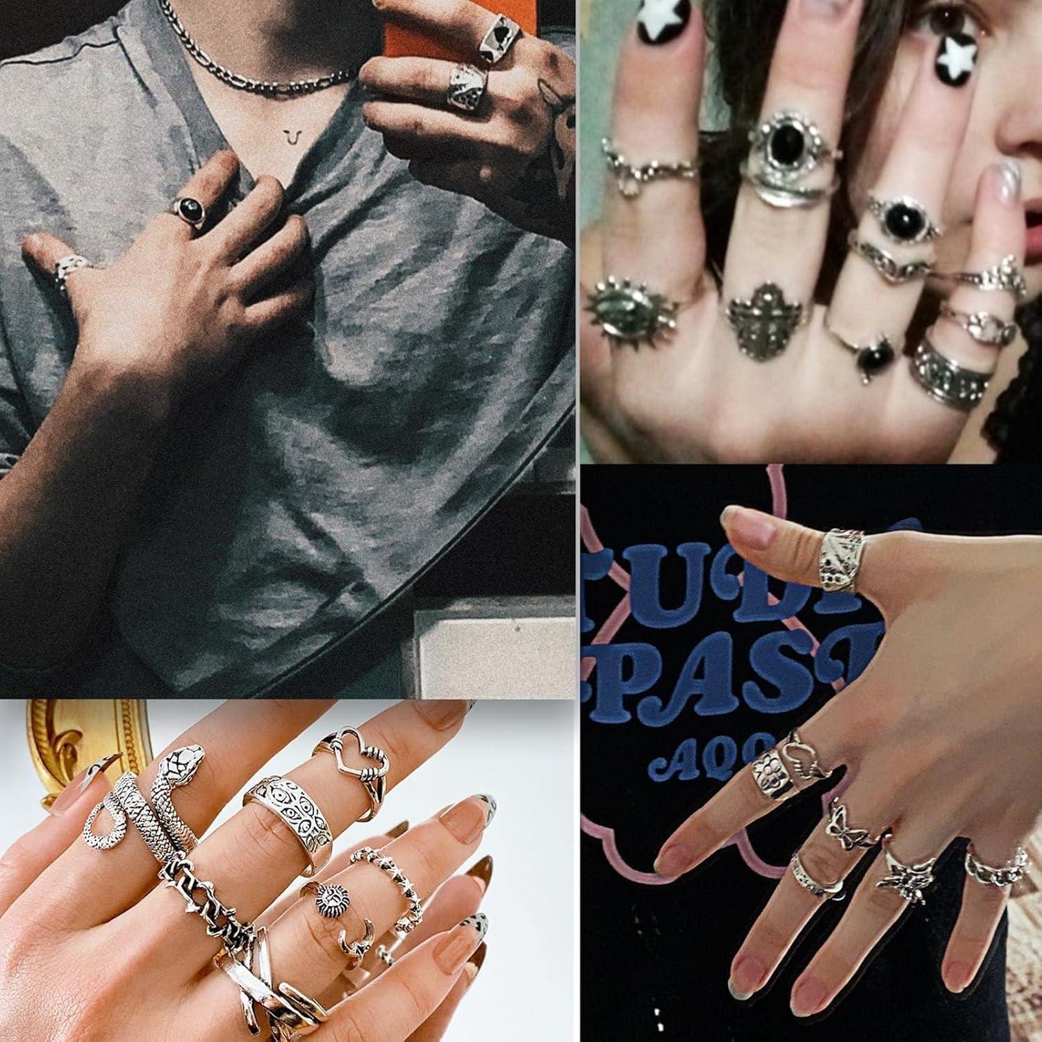 image17IF 2635 Pcs Vintage Silver Knuckle Rings Set for Women Men Grunge Gothic Rings Chunky Aesthetic Snake Stackable Adjustable Punk Bulky Finger Alt Fairy Skull Frog Heart Star Flower Midi Ring PackBohemian Vintage Antique