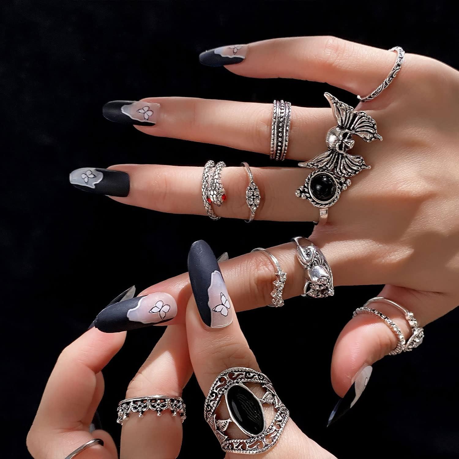 image17IF 2635 Pcs Vintage Silver Knuckle Rings Set for Women Men Grunge Gothic Rings Chunky Aesthetic Snake Stackable Adjustable Punk Bulky Finger Alt Fairy Skull Frog Heart Star Flower Midi Ring Pack26 Crying
