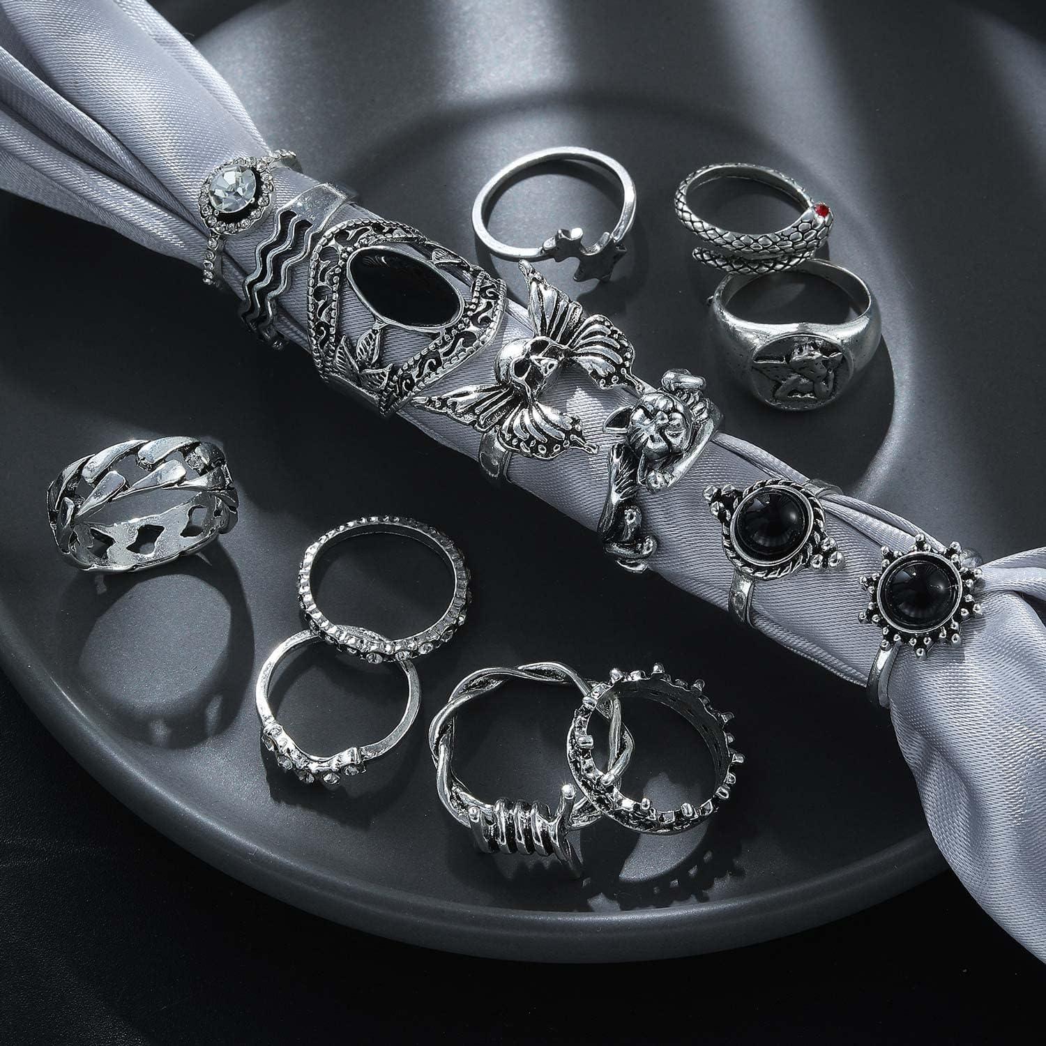 image17IF 2635 Pcs Vintage Silver Knuckle Rings Set for Women Men Grunge Gothic Rings Chunky Aesthetic Snake Stackable Adjustable Punk Bulky Finger Alt Fairy Skull Frog Heart Star Flower Midi Ring Pack26 Crying