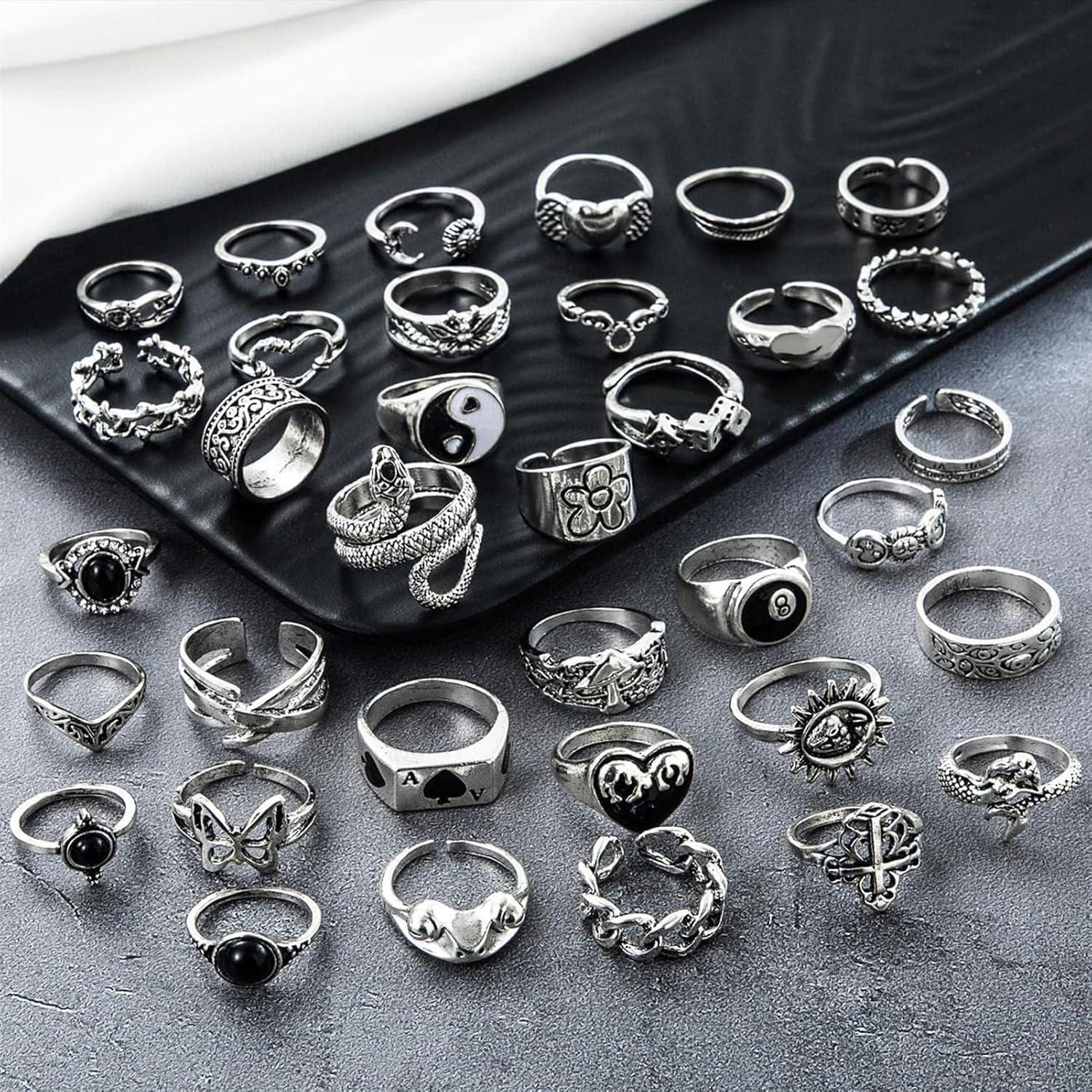 image17IF 2635 Pcs Vintage Silver Knuckle Rings Set for Women Men Grunge Gothic Rings Chunky Aesthetic Snake Stackable Adjustable Punk Bulky Finger Alt Fairy Skull Frog Heart Star Flower Midi Ring PackBohemian Vintage Antique