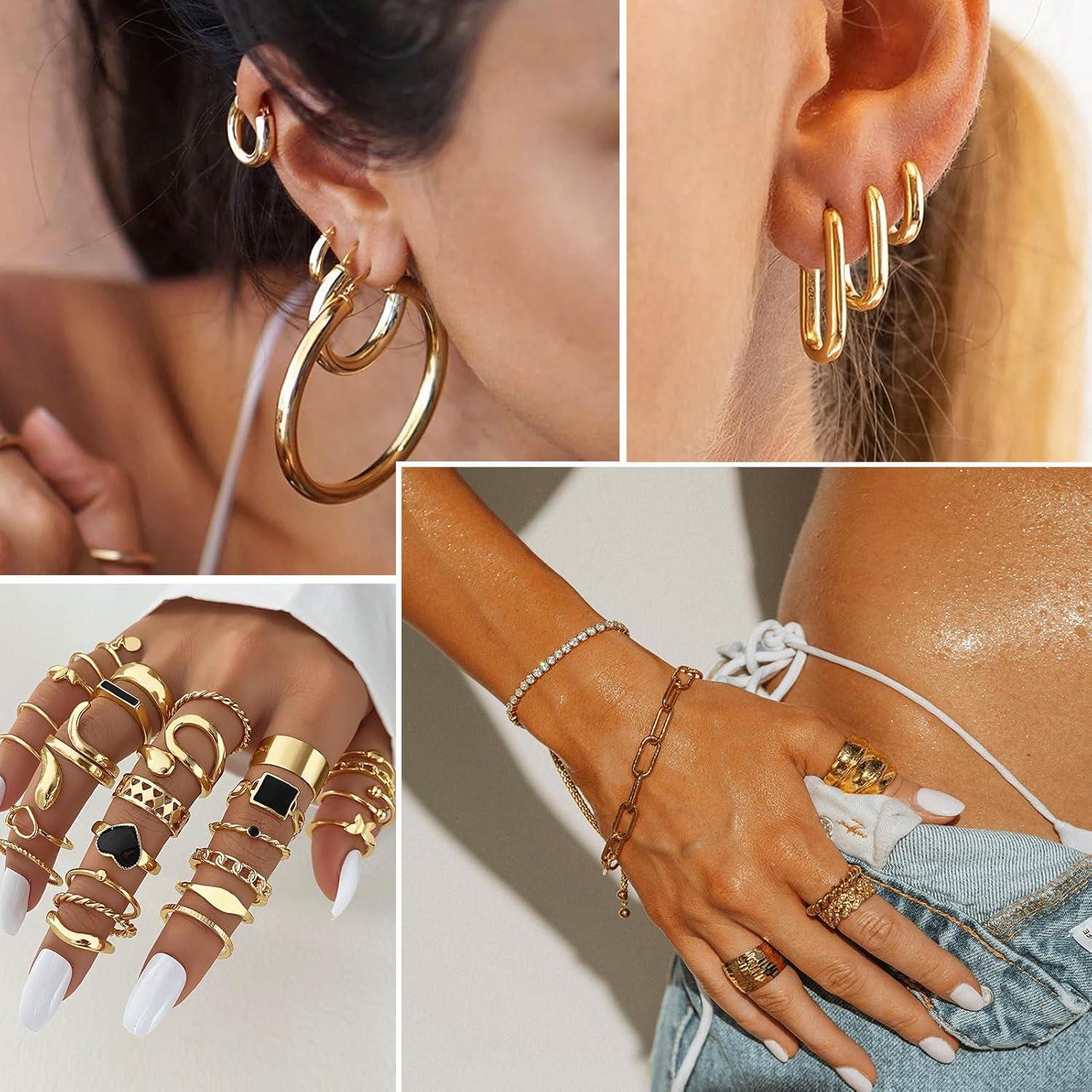 image17IF 3859 Pcs98 Pack Gold Plated Jewelry Set for Women With 8 Necklace 12 Bracelet 27 Ring 12 Pair Earring Hoop Simple Sparkle for Happy59P BlackHeart