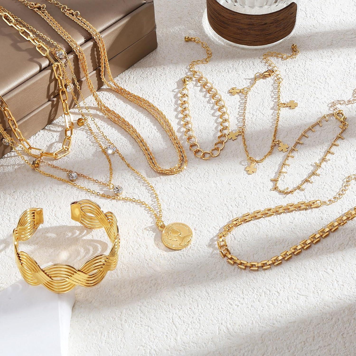 image17IF 3859 Pcs98 Pack Gold Plated Jewelry Set for Women With 8 Necklace 12 Bracelet 27 Ring 12 Pair Earring Hoop Simple Sparkle for Happy59P BlackHeart