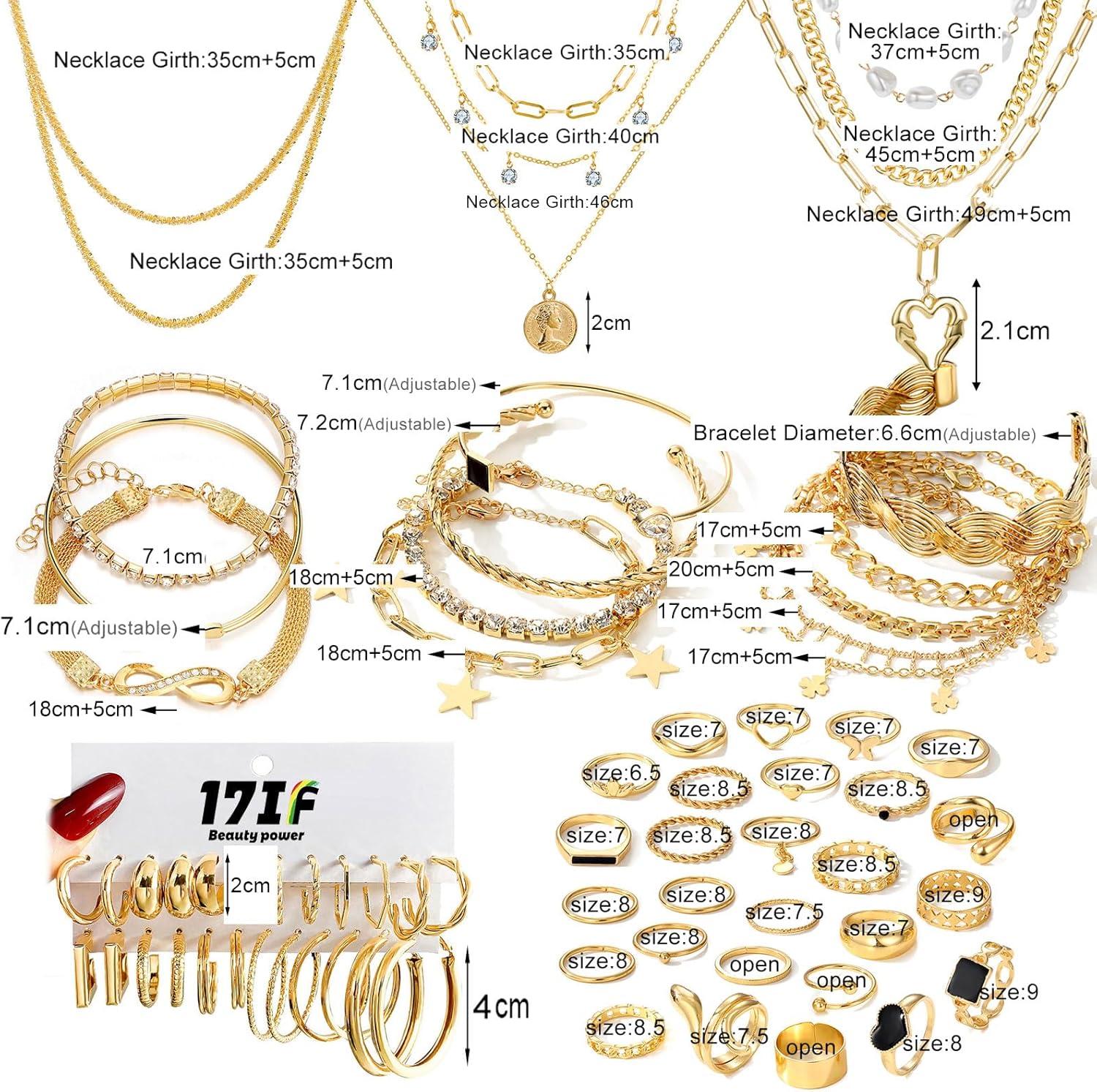 image17IF 3859 Pcs98 Pack Gold Plated Jewelry Set for Women With 8 Necklace 12 Bracelet 27 Ring 12 Pair Earring Hoop Simple Sparkle for Happy59P BlackHeart