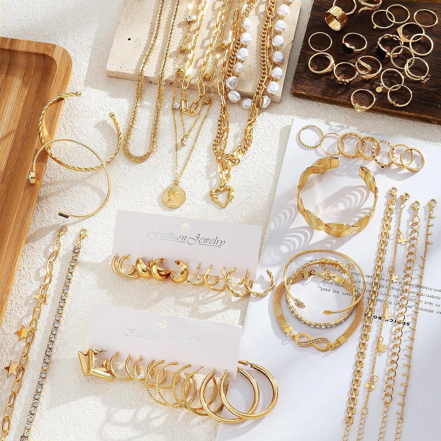 image17IF 3859 Pcs98 Pack Gold Plated Jewelry Set for Women With 8 Necklace 12 Bracelet 27 Ring 12 Pair Earring Hoop Simple Sparkle for Happy59P BlackHeart