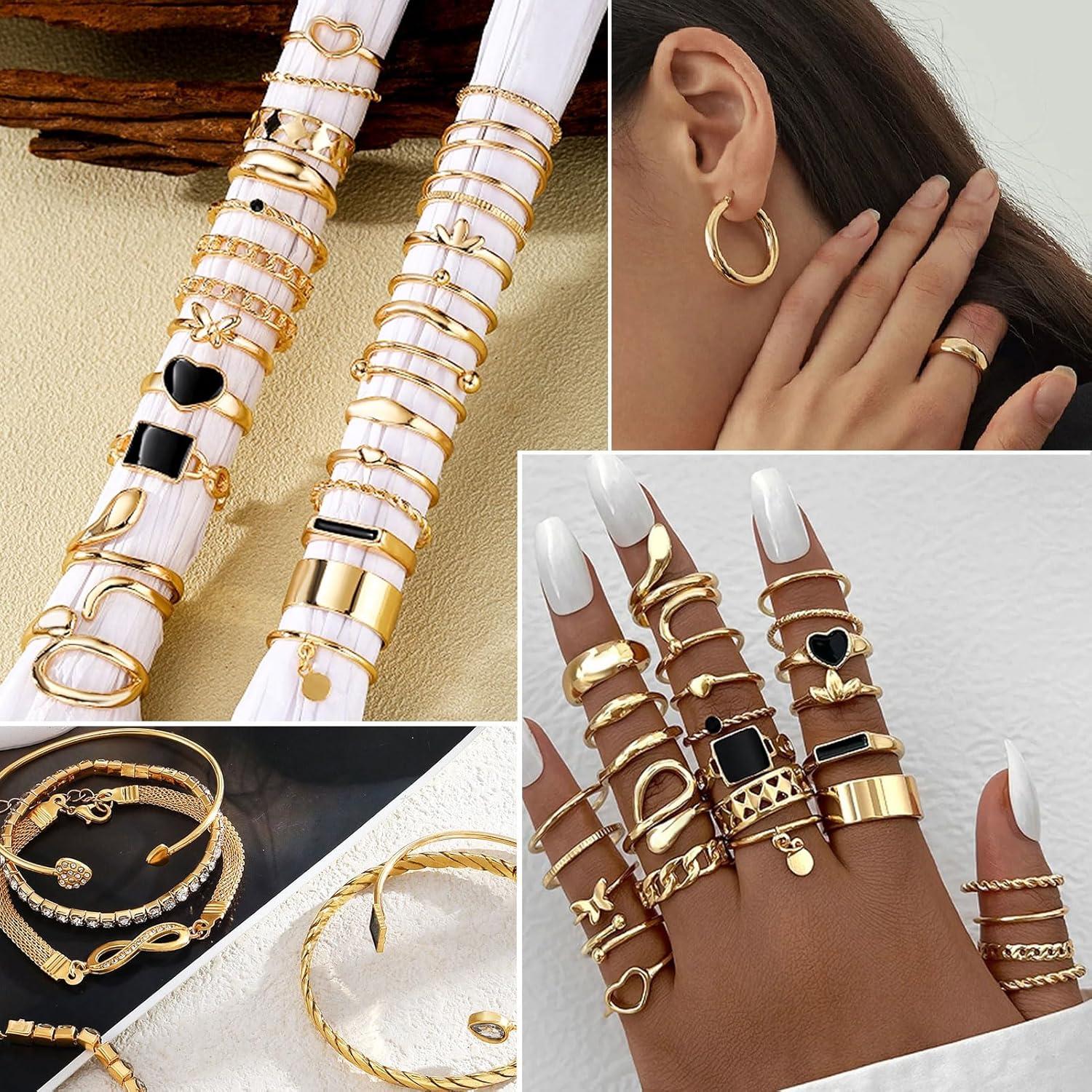 image17IF 3859 Pcs98 Pack Gold Plated Jewelry Set for Women With 8 Necklace 12 Bracelet 27 Ring 12 Pair Earring Hoop Simple Sparkle for Happy59P BlackHeart