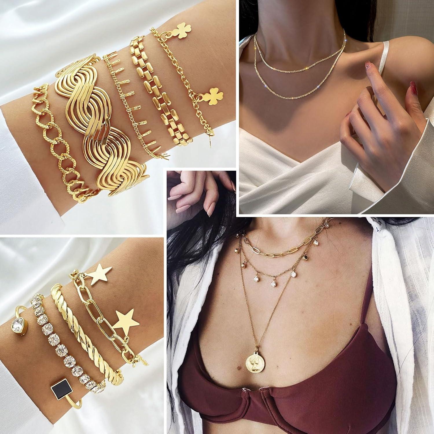 image17IF 3859 Pcs98 Pack Gold Plated Jewelry Set for Women With 8 Necklace 12 Bracelet 27 Ring 12 Pair Earring Hoop Simple Sparkle for Happy59P BlackHeart