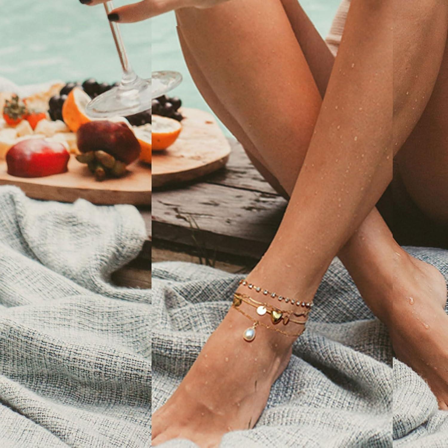 image17IF 4 PCS Gold Ankle Bracelets For Women Pearl Diamond Heart Layering Snake Ankle Bracelets Minimalist Summer Beach Foot Chain Cuban Ankle Jewelry Gift