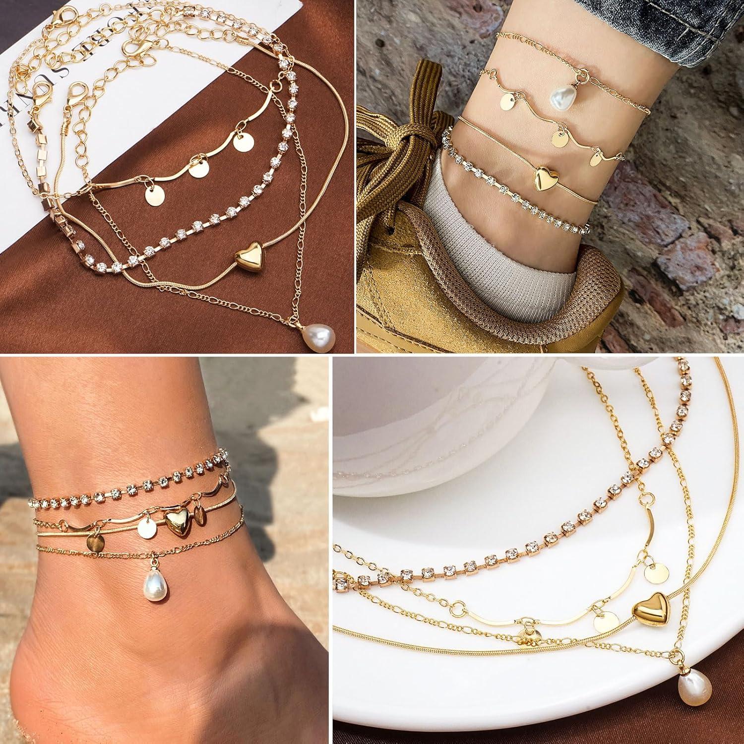 image17IF 4 PCS Gold Ankle Bracelets For Women Pearl Diamond Heart Layering Snake Ankle Bracelets Minimalist Summer Beach Foot Chain Cuban Ankle Jewelry Gift