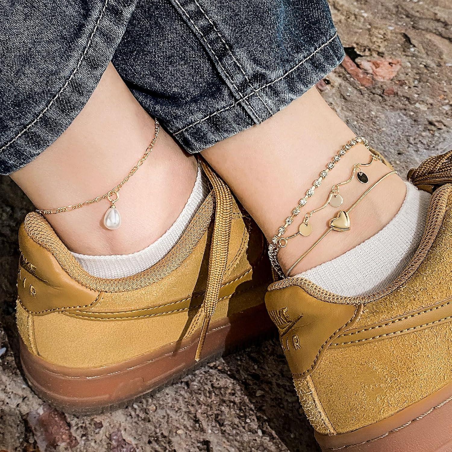image17IF 4 PCS Gold Ankle Bracelets For Women Pearl Diamond Heart Layering Snake Ankle Bracelets Minimalist Summer Beach Foot Chain Cuban Ankle Jewelry Gift