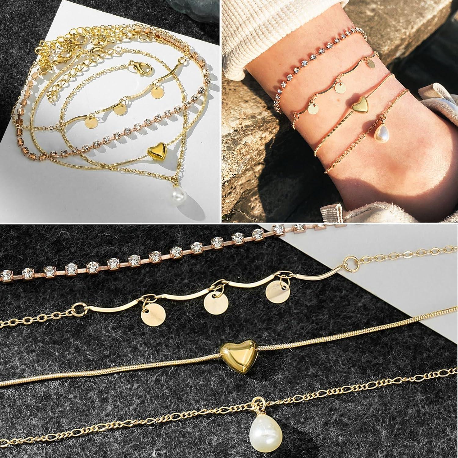 image17IF 4 PCS Gold Ankle Bracelets For Women Pearl Diamond Heart Layering Snake Ankle Bracelets Minimalist Summer Beach Foot Chain Cuban Ankle Jewelry Gift