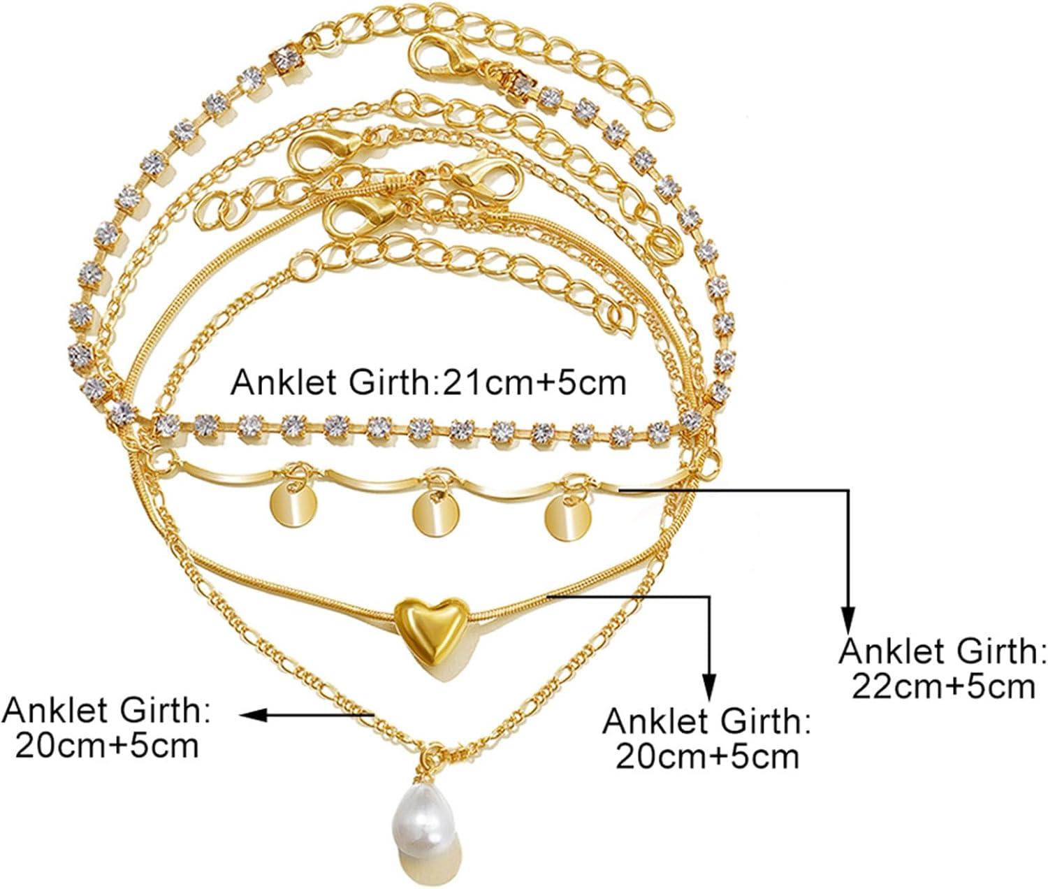 image17IF 4 PCS Gold Ankle Bracelets For Women Pearl Diamond Heart Layering Snake Ankle Bracelets Minimalist Summer Beach Foot Chain Cuban Ankle Jewelry Gift