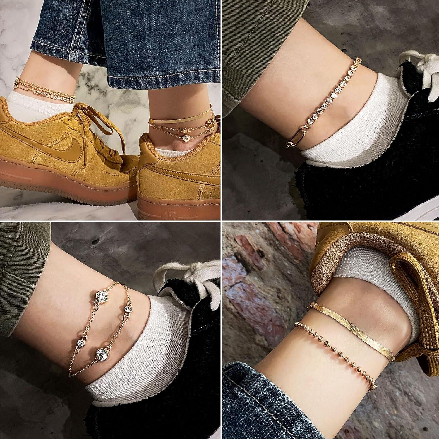 image17IF 5 Pcs Gold Chain Ankle Bracelets Long For Women 14k Gold Plated Cubic Zirconia Tennis Bracelet Trendy Half Diamond Link Stackable Adjustable Bracelet748Ankle