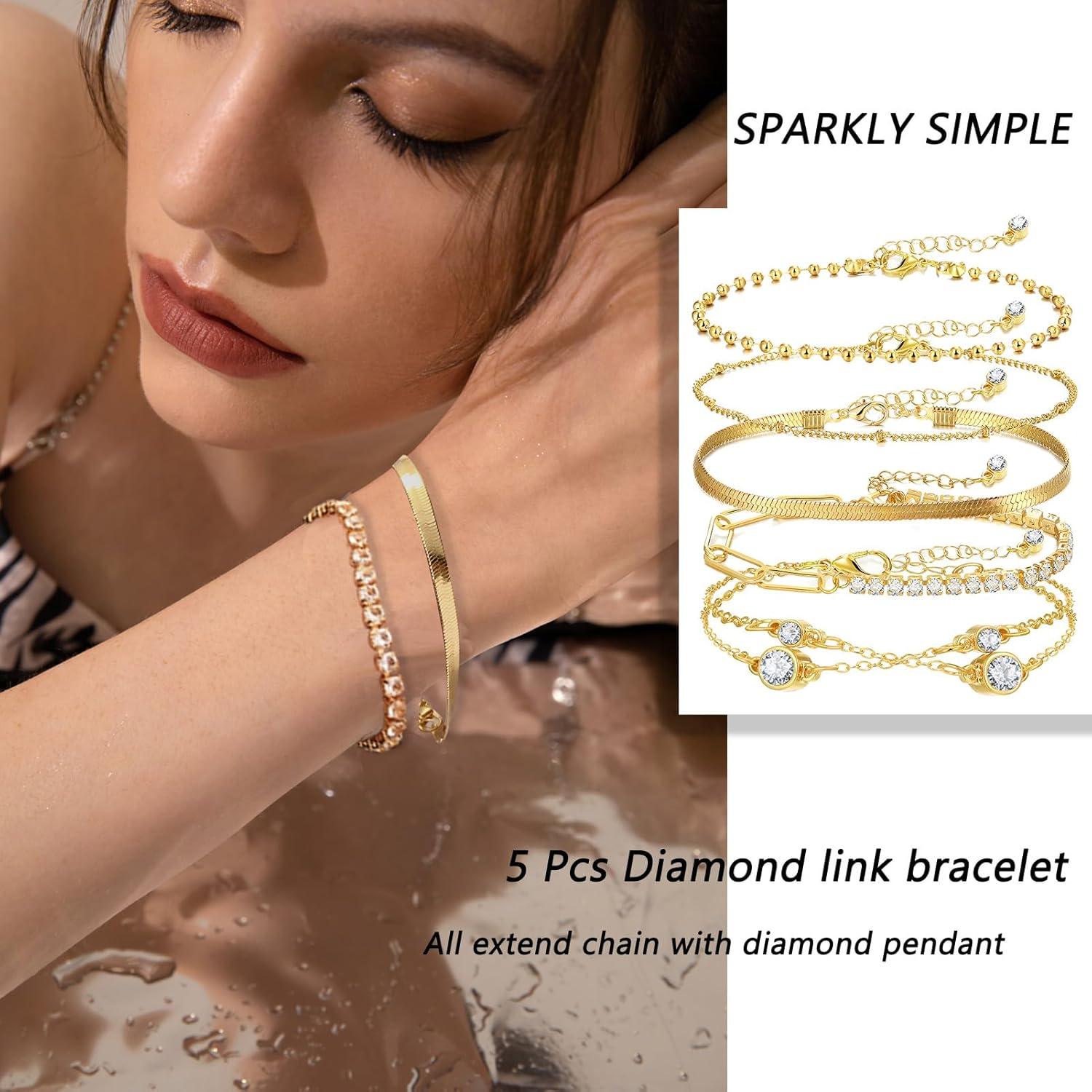 image17IF 5 Pcs Gold Chain Ankle Bracelets Long For Women 14k Gold Plated Cubic Zirconia Tennis Bracelet Trendy Half Diamond Link Stackable Adjustable Bracelet708Bracelet