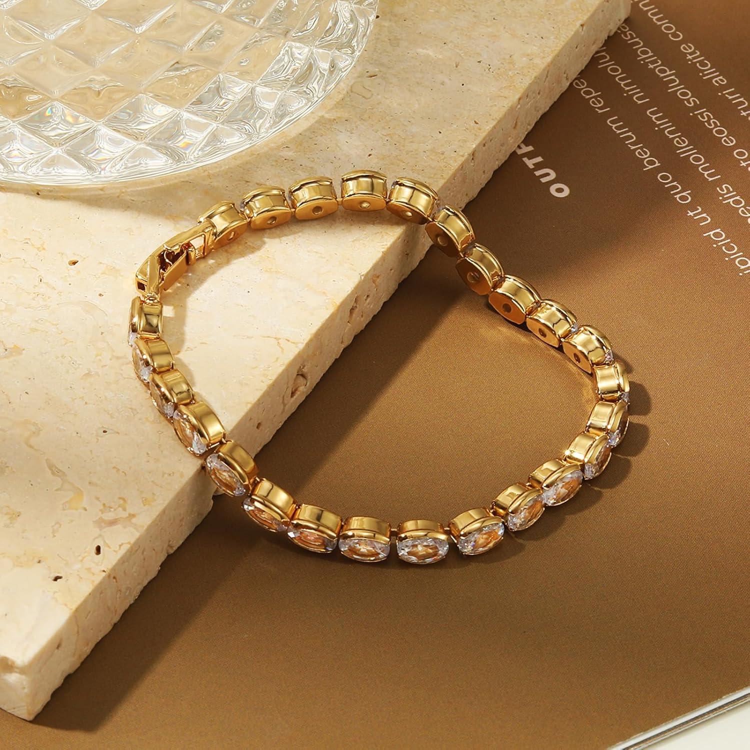 image17IF 5 Pcs Gold Chain Ankle Bracelets Long For Women 14k Gold Plated Cubic Zirconia Tennis Bracelet Trendy Half Diamond Link Stackable Adjustable Bracelet669Diamond