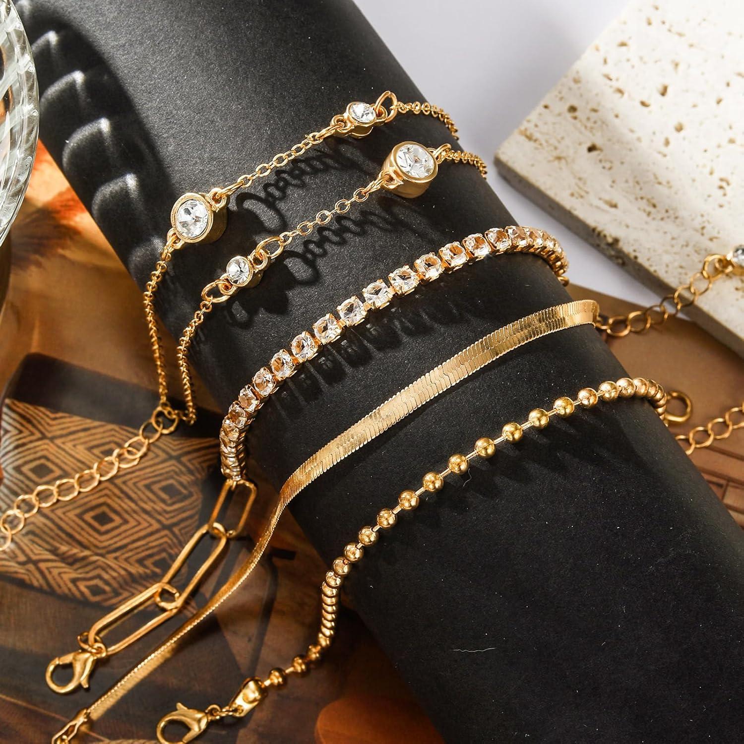 image17IF 5 Pcs Gold Chain Ankle Bracelets Long For Women 14k Gold Plated Cubic Zirconia Tennis Bracelet Trendy Half Diamond Link Stackable Adjustable Bracelet708Bracelet