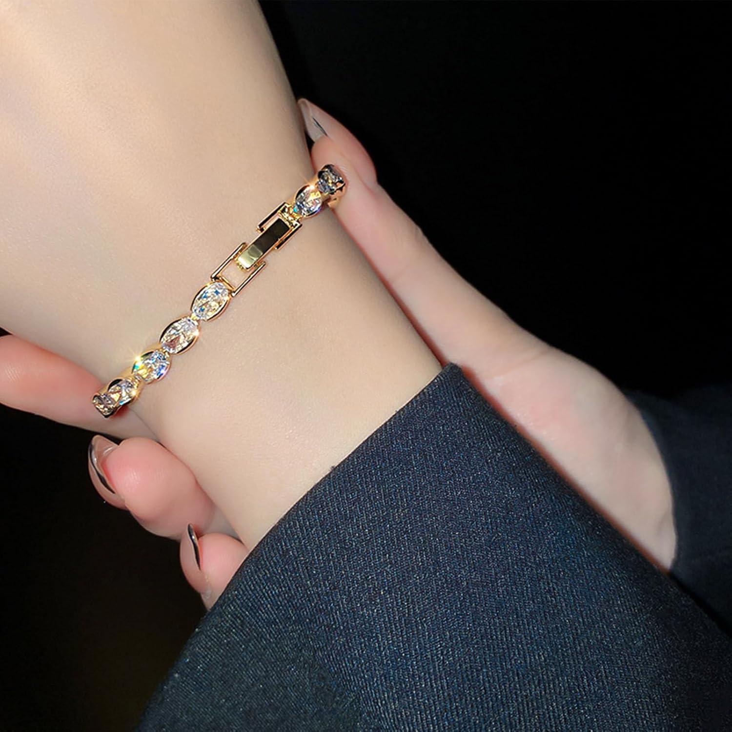 image17IF 5 Pcs Gold Chain Ankle Bracelets Long For Women 14k Gold Plated Cubic Zirconia Tennis Bracelet Trendy Half Diamond Link Stackable Adjustable Bracelet669Diamond