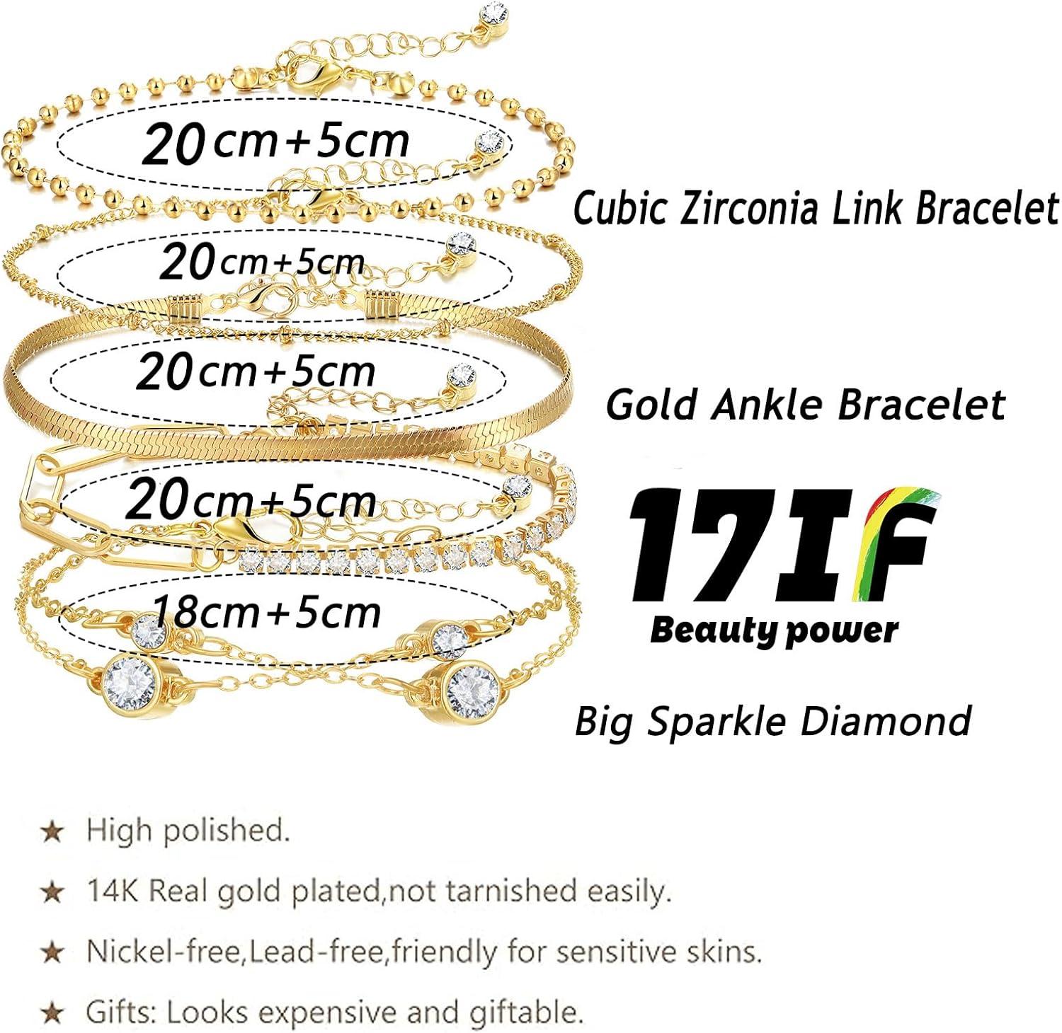 image17IF 5 Pcs Gold Chain Ankle Bracelets Long For Women 14k Gold Plated Cubic Zirconia Tennis Bracelet Trendy Half Diamond Link Stackable Adjustable Bracelet748Ankle