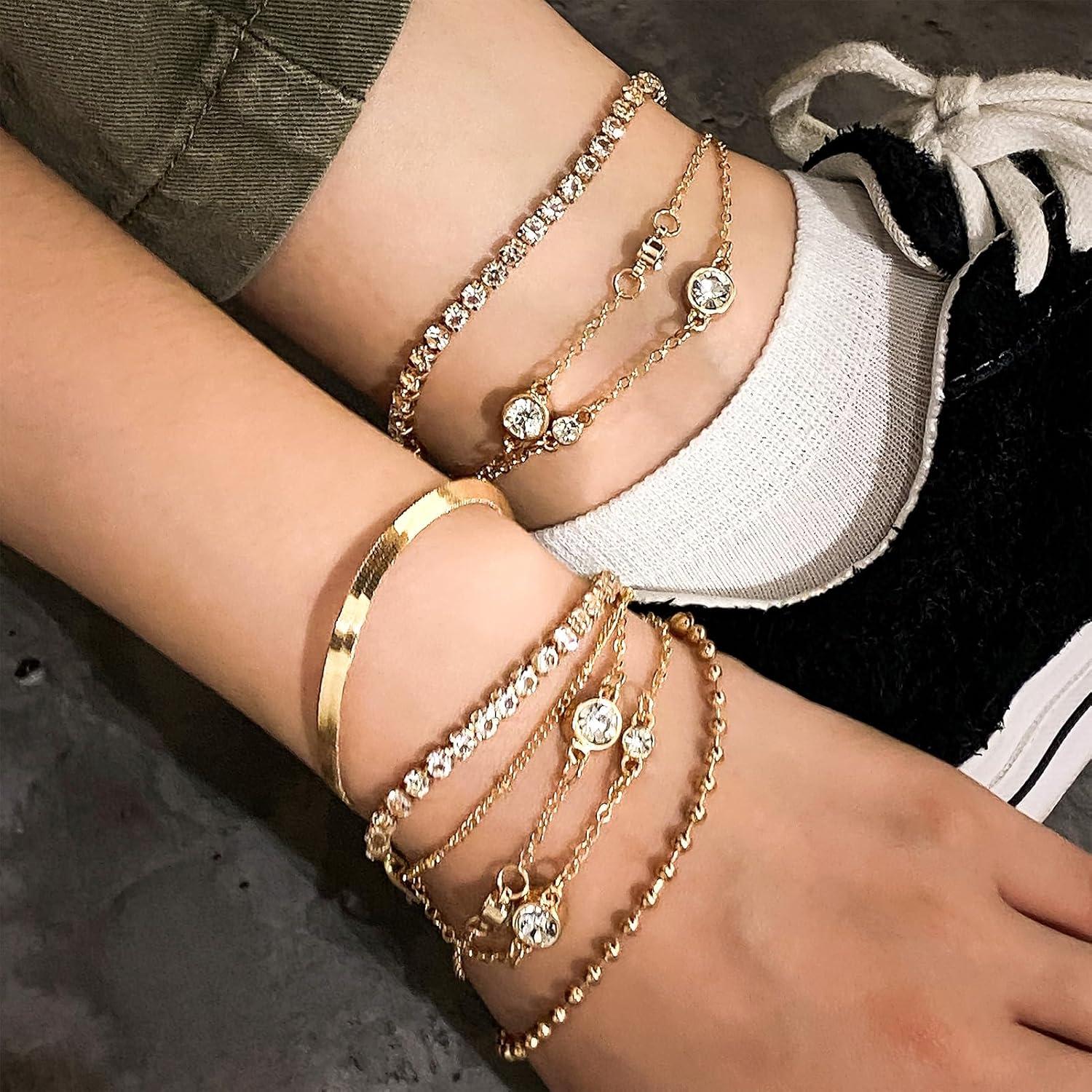 image17IF 5 Pcs Gold Chain Ankle Bracelets Long For Women 14k Gold Plated Cubic Zirconia Tennis Bracelet Trendy Half Diamond Link Stackable Adjustable Bracelet748Ankle